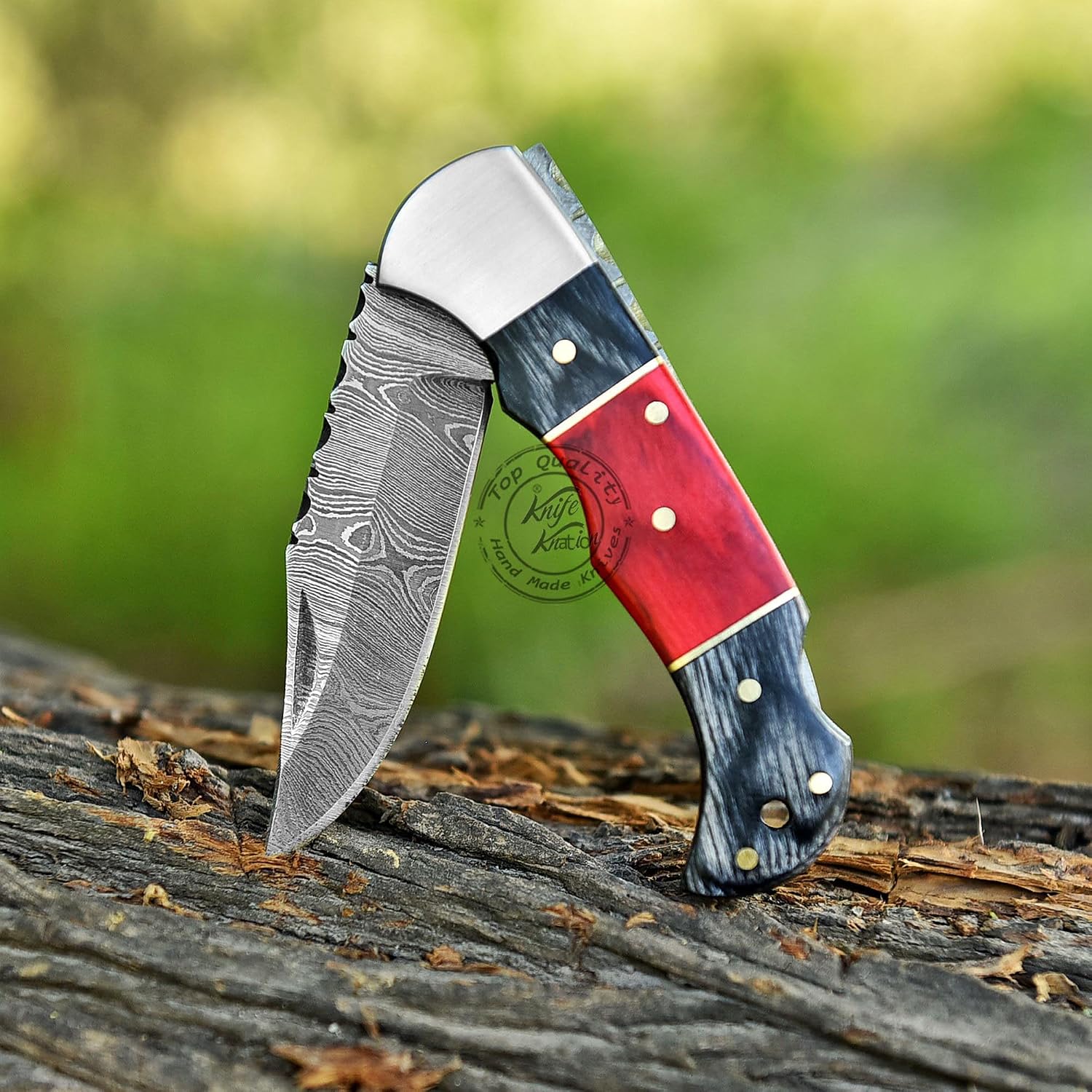 Black & Red 6.75'' Handmade Damascus Steel Folding Pocket Knife with Back Lock for EDC, Damascus Hunting Knife, Camping Knife, 100% Prime Quality, KKH-71