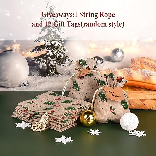 Miniatura 2 de XCFWin Paquete de 12 bolsas de regalo de Navidad con cordón, diseños reutilizables para suministros de fiesta de Navidad (rama de pino, 5 x 7