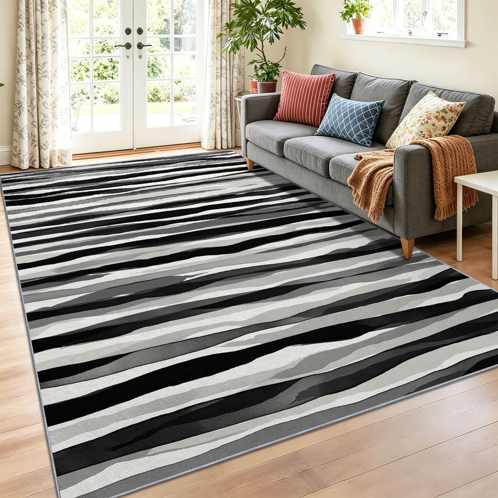 Générique Tapis de Salon 140 x 200 cm, Rayé Faible Poil Antidérapant avec Minimaliste Moderne Lignes Dégradé Imprimé Tapis Chambre pour la Chambre à Coucher, Le Bureau à Domicile, Noir Et Blanc