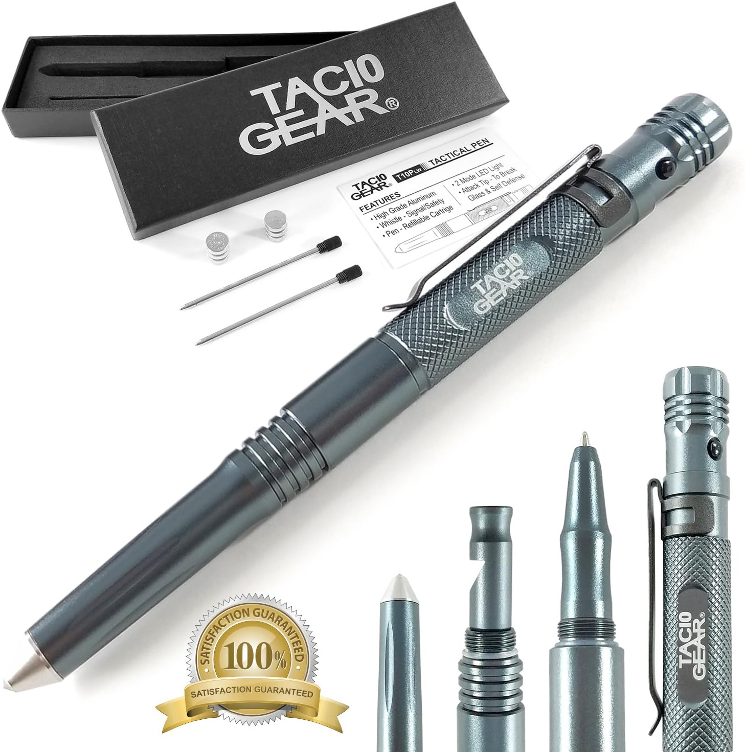 Tactical LED Flashlight Pen - 2 Light Modes + Glass Breaker + Alert Whistle + 2 Sets Of Batteries + Extra ink + Gift Box (QTY 1, Gray)