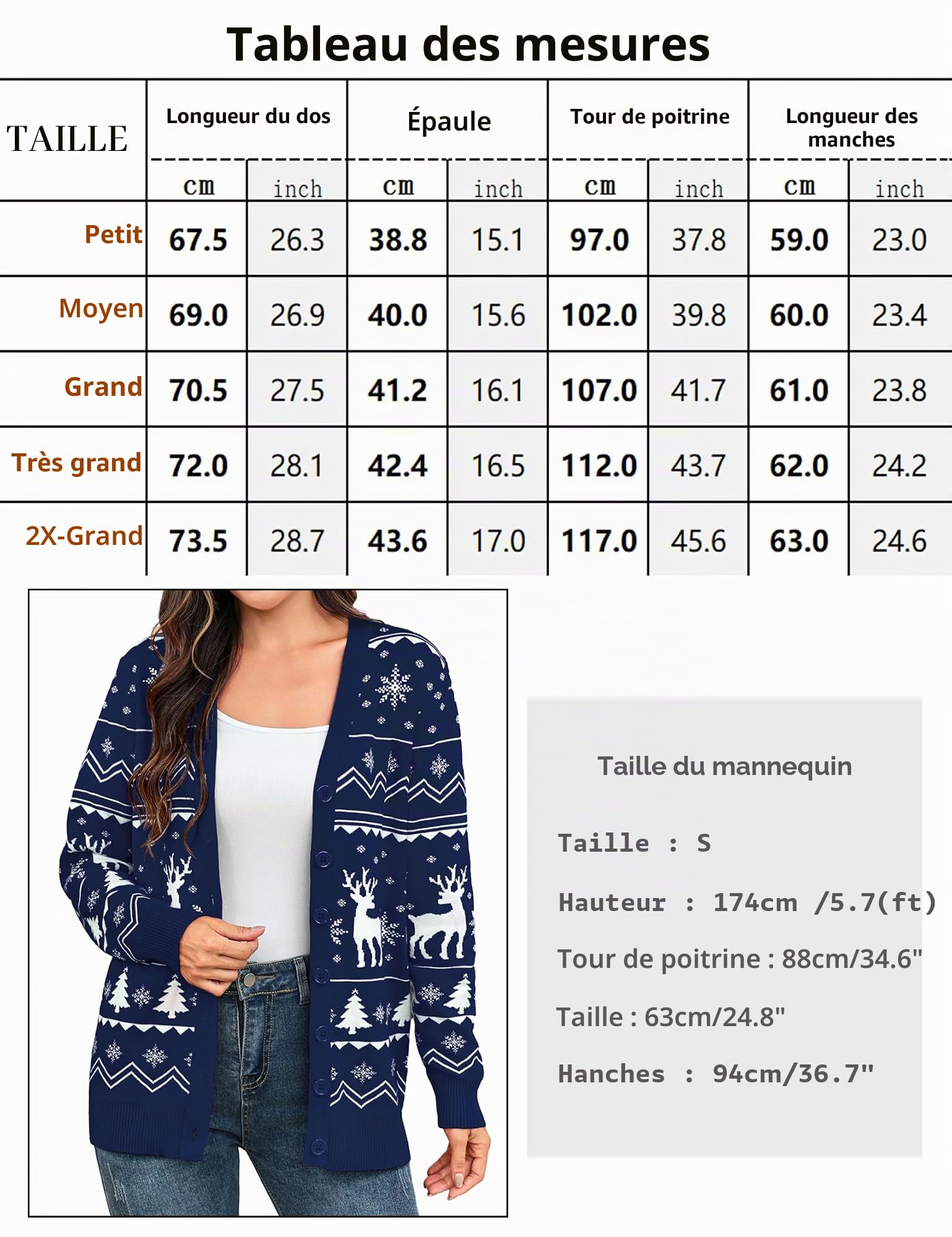 Aottori Gilet de Noël Femme Renne Boutons Manches Longues Maille Tricotée