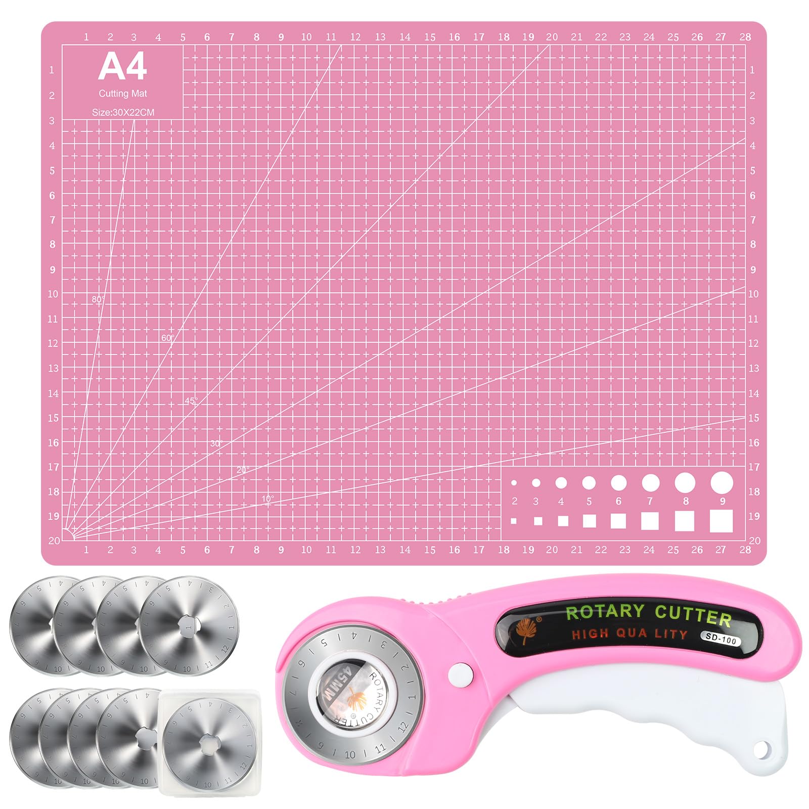 11PCS Rotary Cutter Kit, 45mm Rotary Cutter for Fabric with 8pcs Extra Blades, A4 Cutting Mat, Ergonomic Handle with Safety Lock, Rotary Fabric Cutter Wheel for Leather, Crafting, Sewing, Quilting