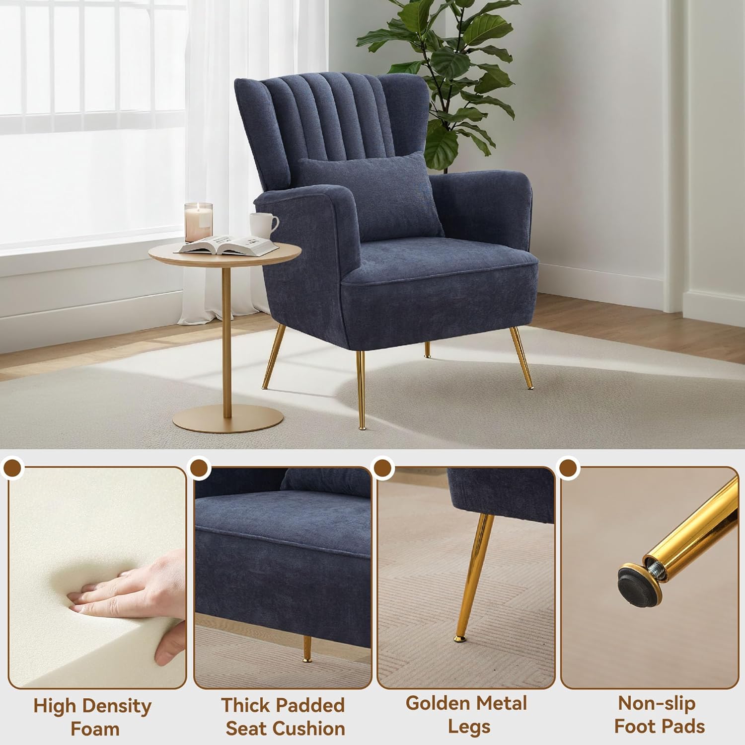 Chenille Accent Chair with Lumbar Pillow, Modern Wingback Chair for living room with Gold Metal Legs, Upholstered Arm Chair with Thick Cushion, Reading Chairs for bedroom, Comfy Sofa Chair, Blue