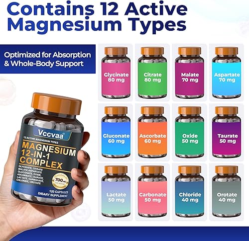 Miniatura 2 de Complejo de magnesio 700mg – Suplemento de magnesio 12-en-1 con glicinato, citrato, malato, óxido, taurato y más – Alta absorción para músculos