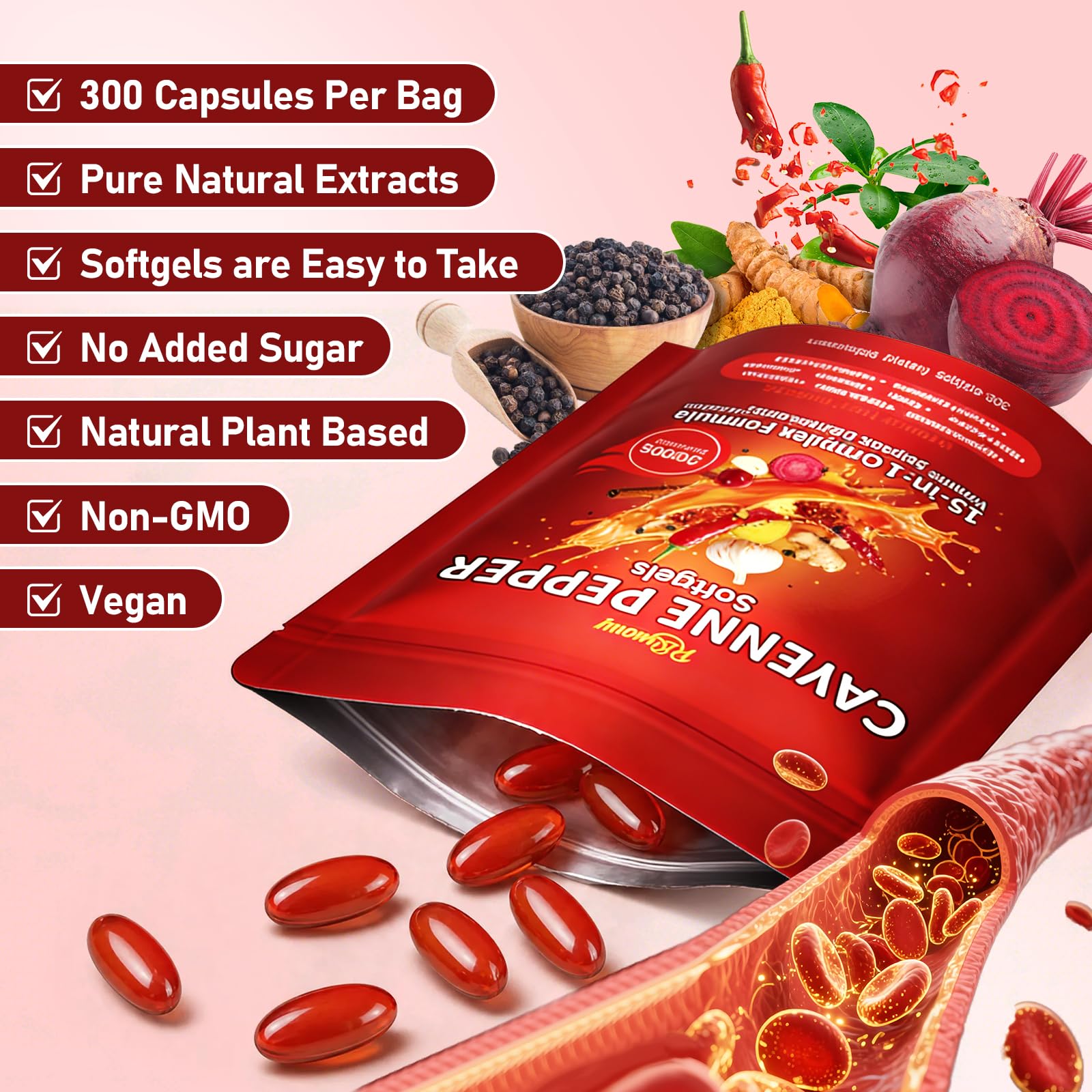 Cayenne Pepper Capsules, 15-in-1 Cayenne Pepper Supplements with Vitamin D3, K2, E & Grape Seed Oil, Supports Leg Vein, Heart and Blood Vessel Health, Daily Herbal Capsaicin Supplements, 300 Softgels — Amazon image 6