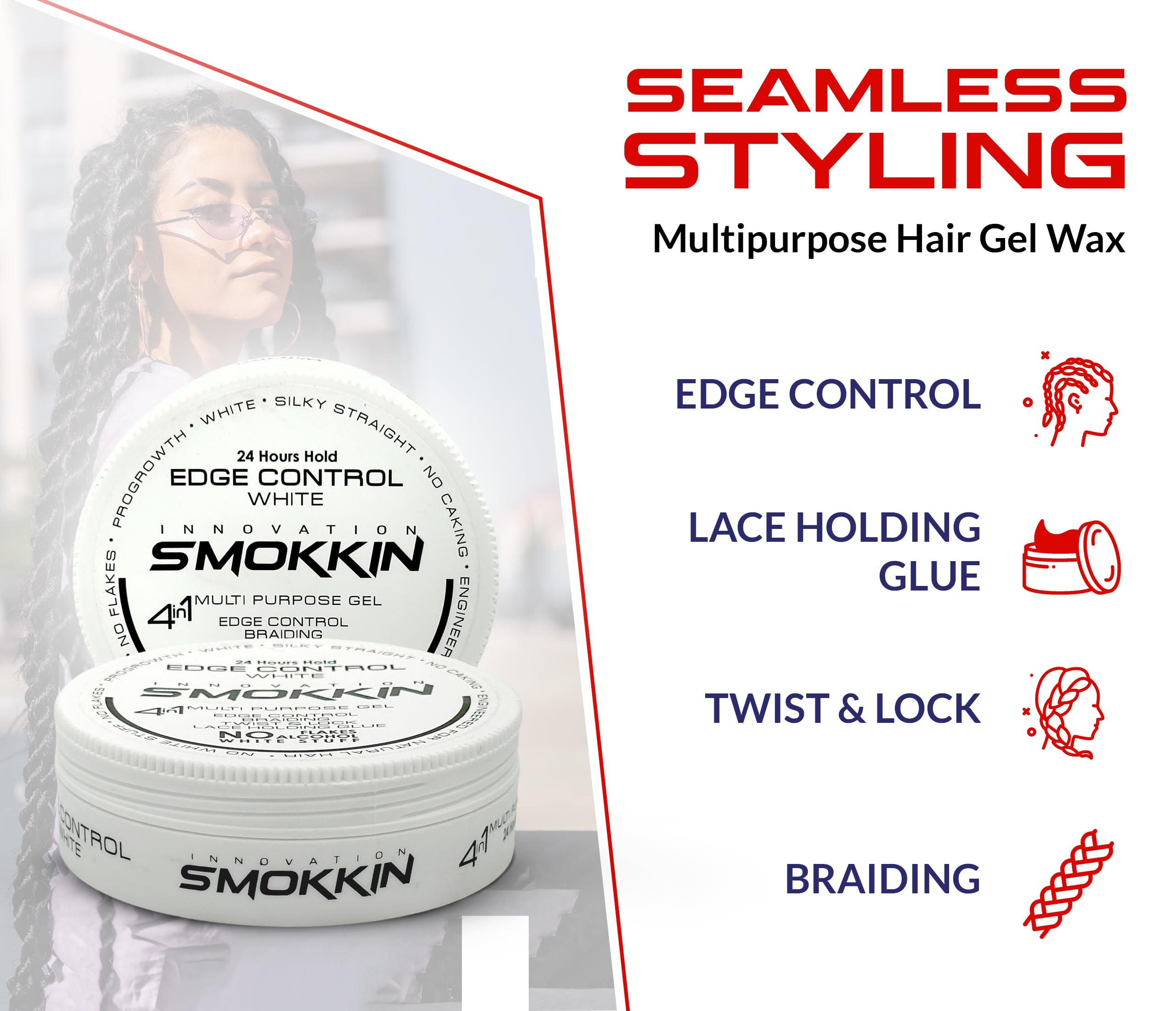 INNOVATION SMOKKIN Strong Hold Hair Gel, Edge Control, Braiding Gel, Locking & Twist Styling Wax, Versatile Styling Locking Gel Applicable To Diverse Hair Types. (White 5.09 Fl oz)