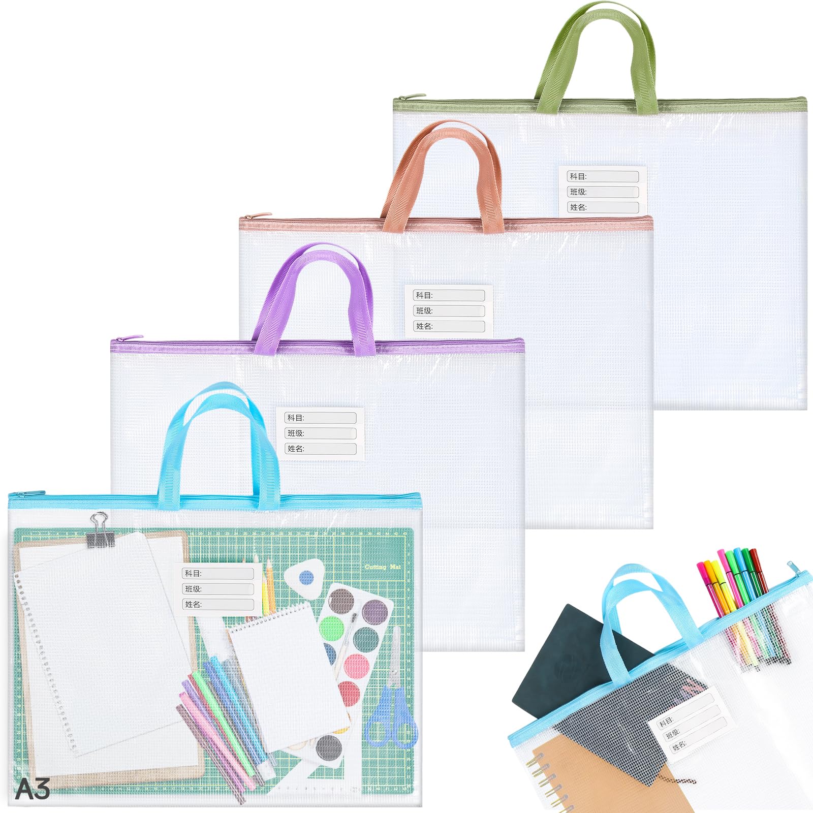 4 Pack A3 Mesh Plastic Art Portfolio Bag Zipper Document Wallet Folder with Carry Handle & Card Pockets, Waterproof Transparent File Bag for School Office and Travel
