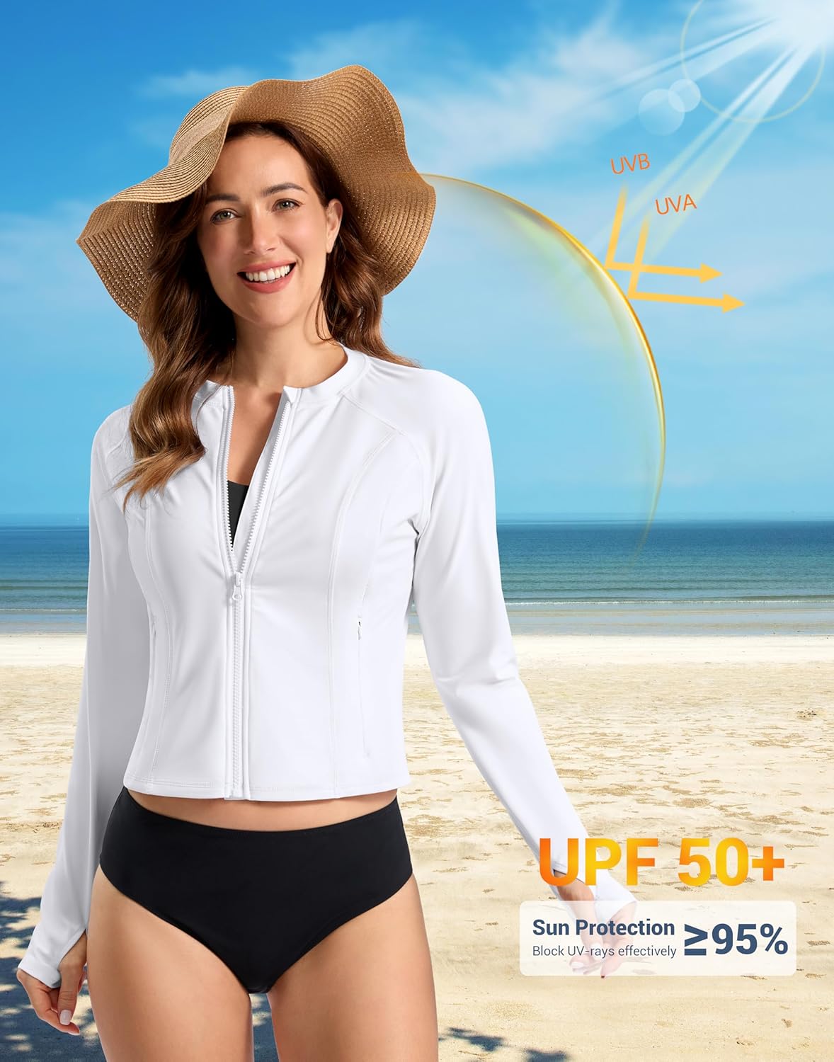 SANTINY Cropped Rash Guard Women Swimsuits with Zipper Pockets UPF50+ Sun Protection Long Sleeve Swim Shirt Crop Tops - Image 2