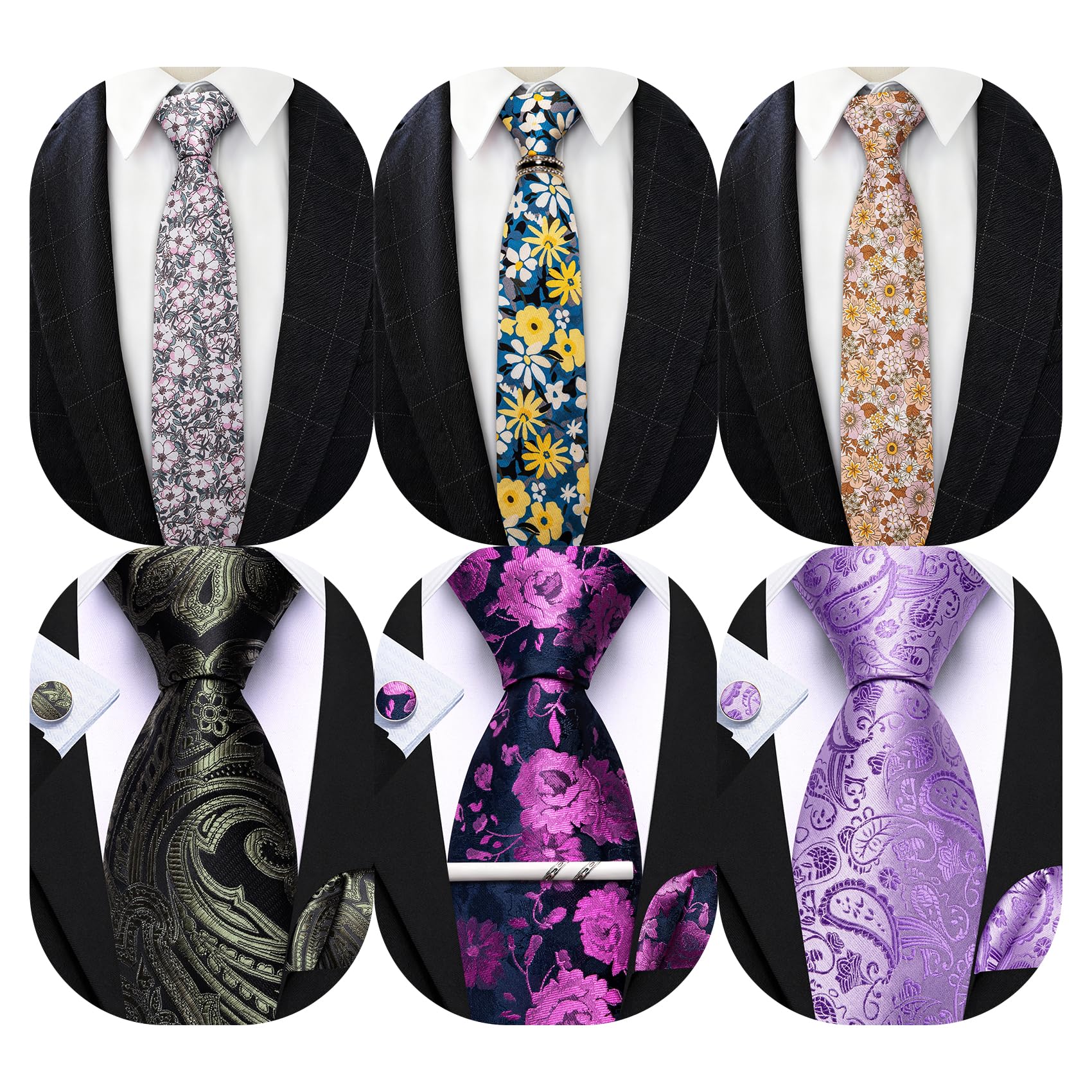 Barry.Wang Men 6PCS Tie Silk Gift Necktie Clip Woven Tie Sets Party