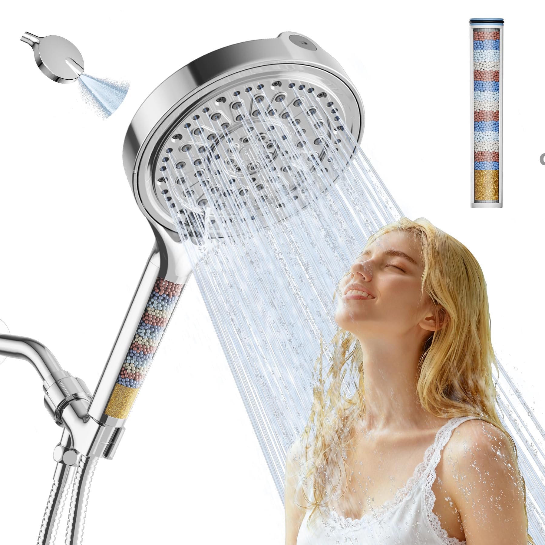 Cabezal de ducha filtrado de 6 pulgadas, 6 modos de pulverización, cabezal de ducha de mano de alta presión con filtro para agua dura, cabezal de ducha desmontable con manguera, cromado