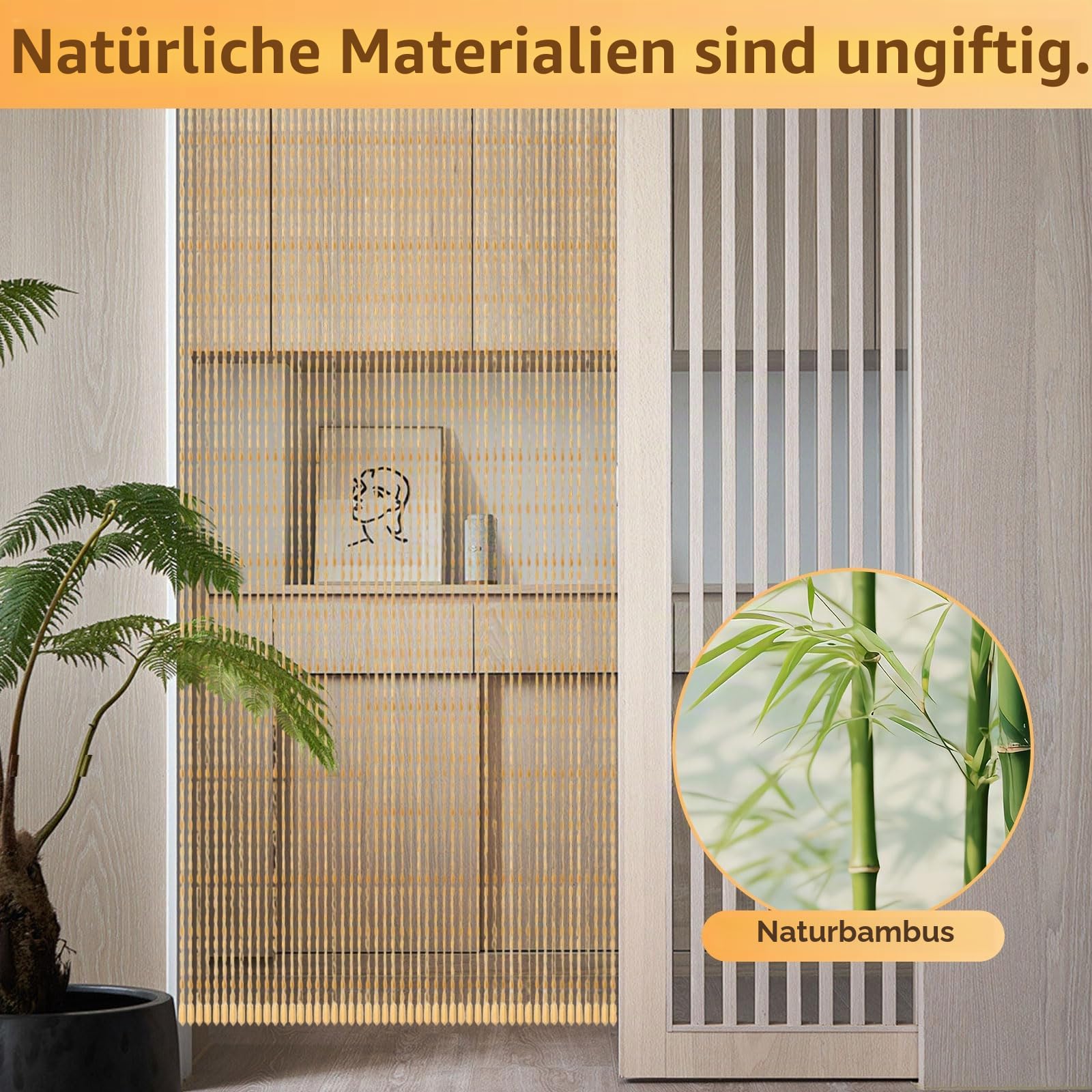 Perlenvorhang Balkontür 90x200cm, Türvorhang Bambus Stil mit 52 Strängen, Insektenschutz Vorhang aus Holzperlen für Balkon, Schlafzimmer, Camping, Dekorativer Türvorhang Handgefertigt (Holzfarbe)