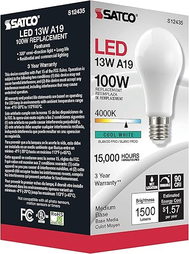 Miniatura 5 de Satco Paquete de 6 lámparas de filamento LED regulables, S12435, lúmenes altos, 13.5 vatios, A19; blanco suave; base media; 4000 K; 90 CRI; 120