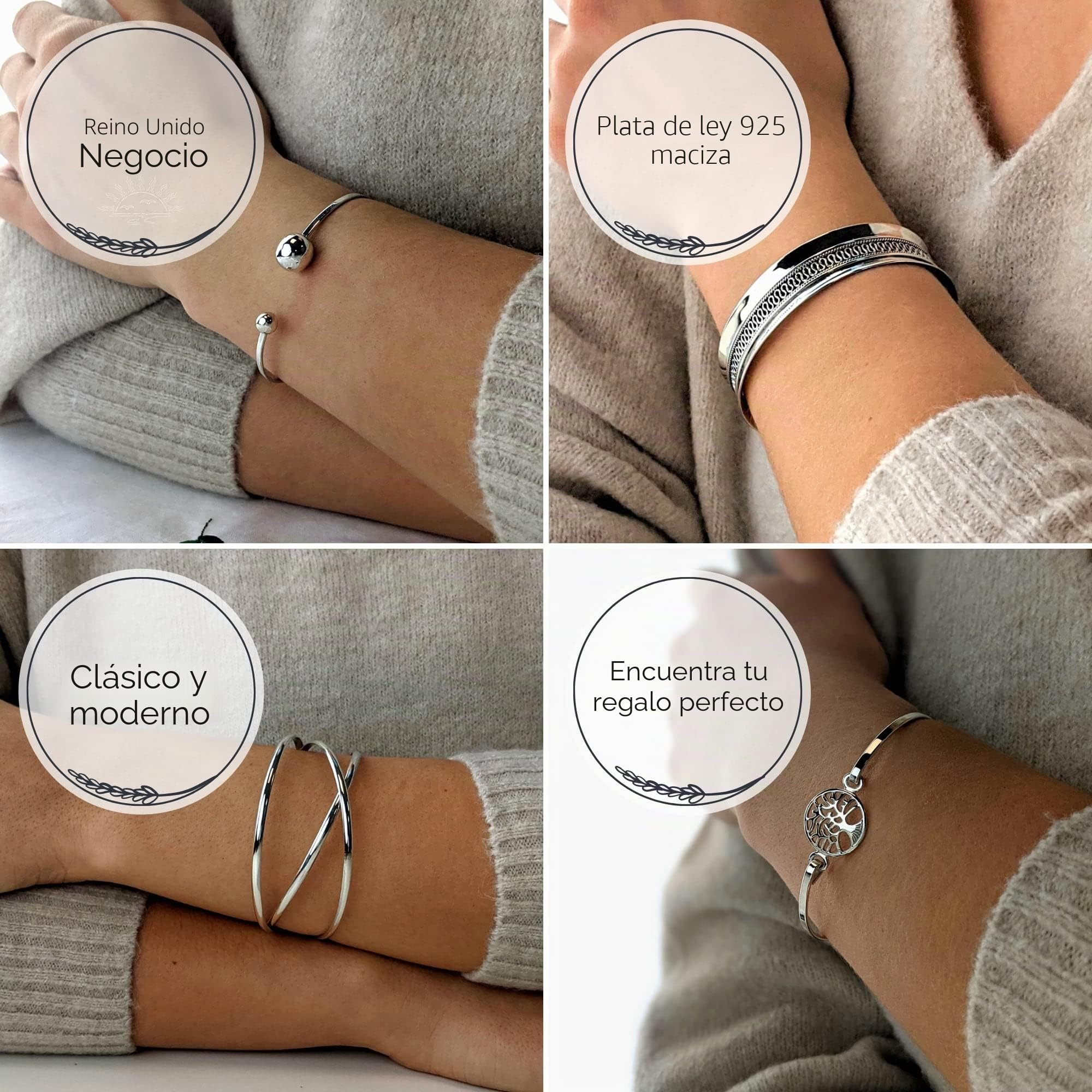 Silverly Brazalete Redondo Ancho de Plata de Ley 925 con Tubo Plano Curvo | Pulsera Clásica Sencilla de Plata para Mujer | Pulseras Anchas Apilables para Mujer | Regalos para Esposa, Mamá y Tía