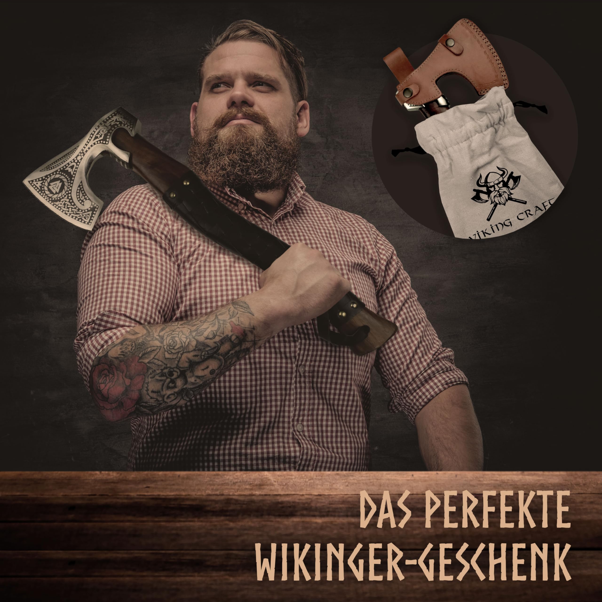 VIKING CRAFT® Wikinger Axt 50cm - Handgefertigte Deko Mit Gravur und Lederschutz - Ideale Mittelalter Deko, Geschenke für Männer und Frauen, Vikings Fanartikel, LARP Beil