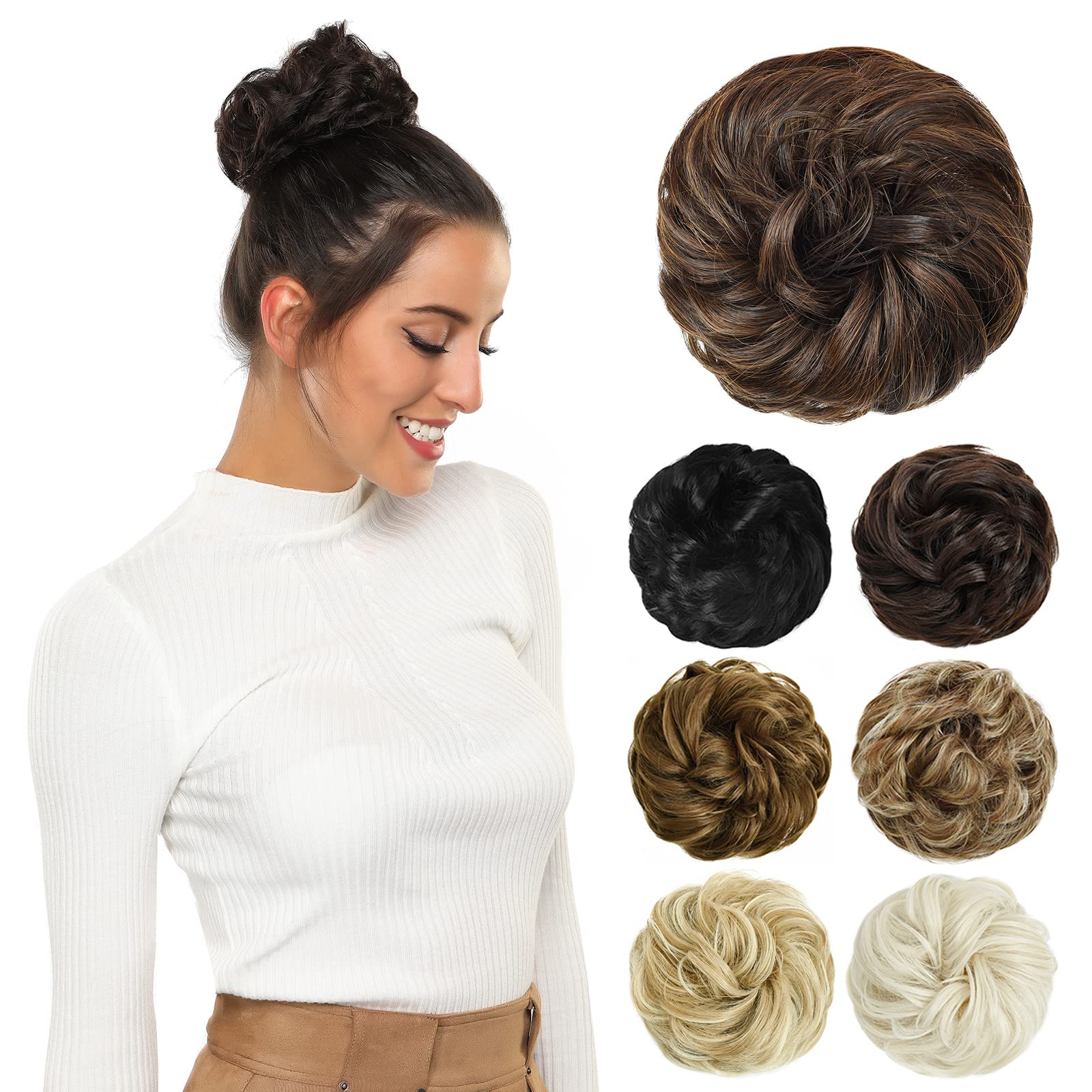 PARXITN Dutt Haarteil mit Gummiband Gelockt für Messy Bun Pferdeschwanz Haarverlängerung als Haargummi mit Haaren für Hochsteckfrisuren Damen 45g Natur-Schwarz mit hellem Kastanienrot