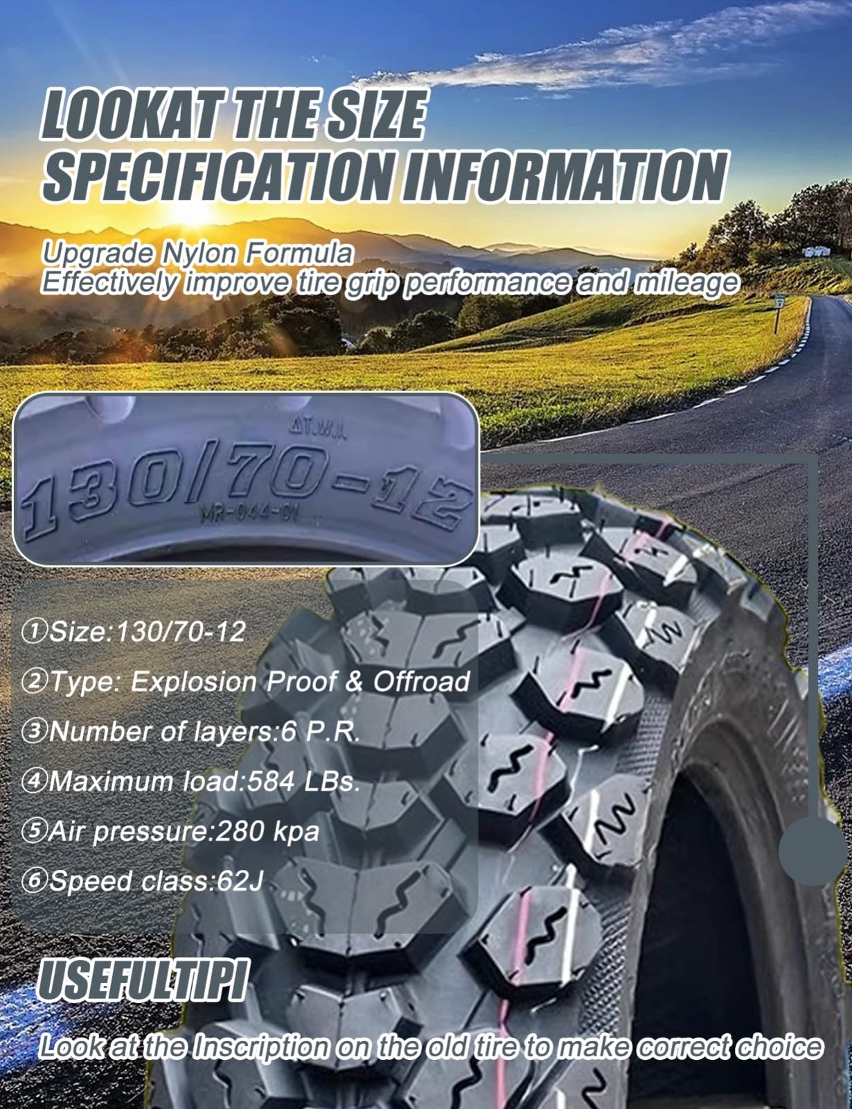 Neumático sin tubo para scooter/ciclomotor 130/70-12, llanta de 12 pulgadas, neumático resistente al desgaste, uso todo terreno, 6 P.R., 280 kPa, carga máxima 250 kg, 62 J