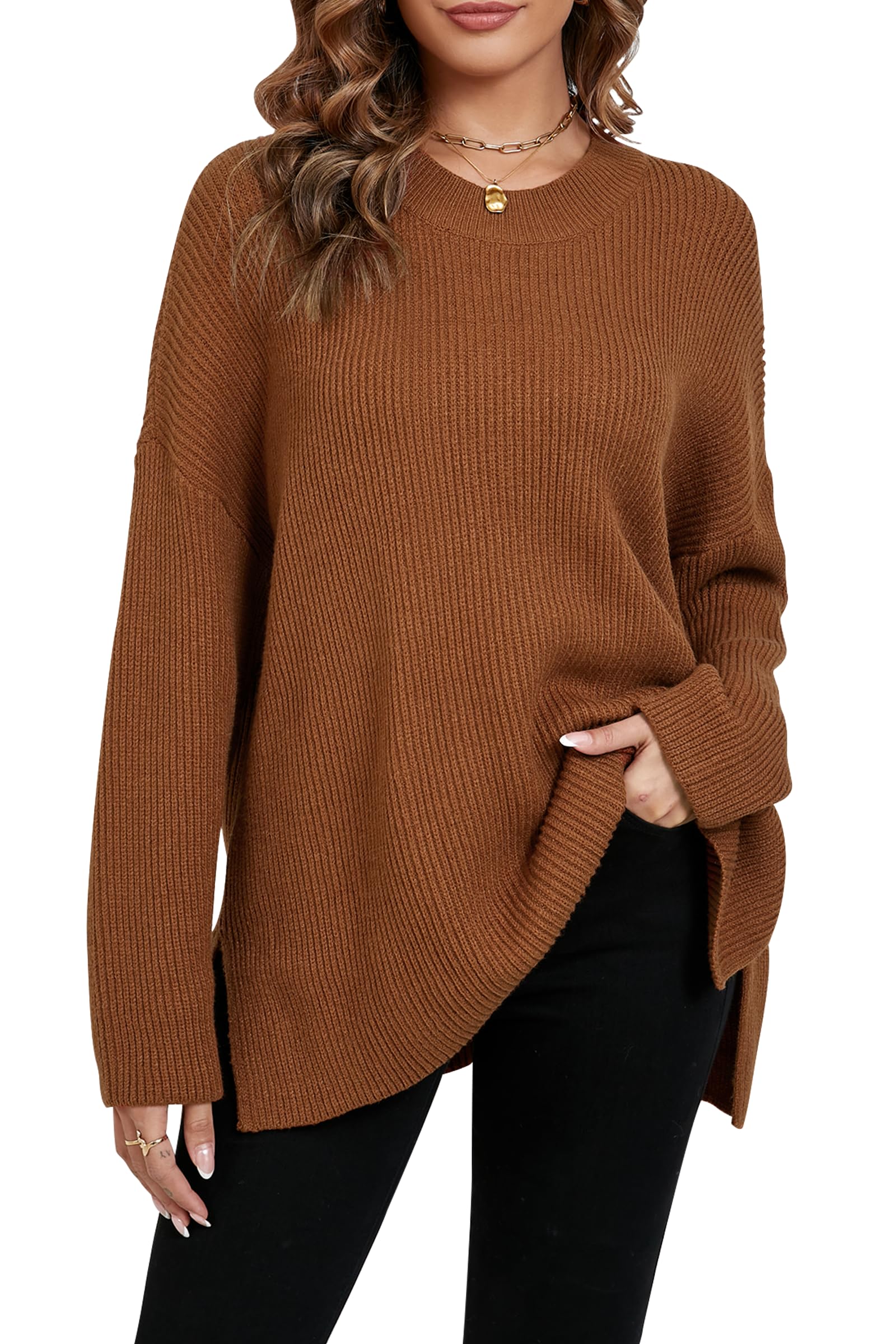 Women's Oversized Sweaters Batwing Long Sleeve Chunky Fall Winter Side Slit Tunic Pullover Knit Tops (Extra Loose)