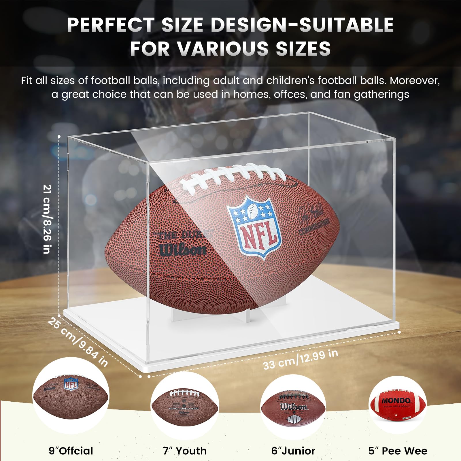 New Version Football Display Case, Premium Clear Acrylic Display Case Full Size with Removable Interior Football Display Stand, Thickened UV Protection Football Display Holder for Autographed Football