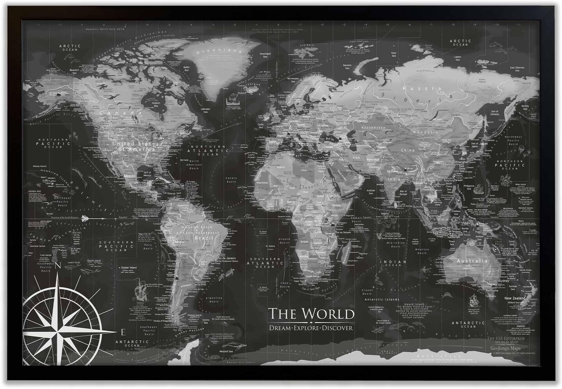 GEOJANGO Personalized Push Pin World Travel Map with Pins - Large Wall Art Stretched Canvas, Rolled Poster, or Framed Map - Black and White Handmade Custom Map Pinboard Home Decor