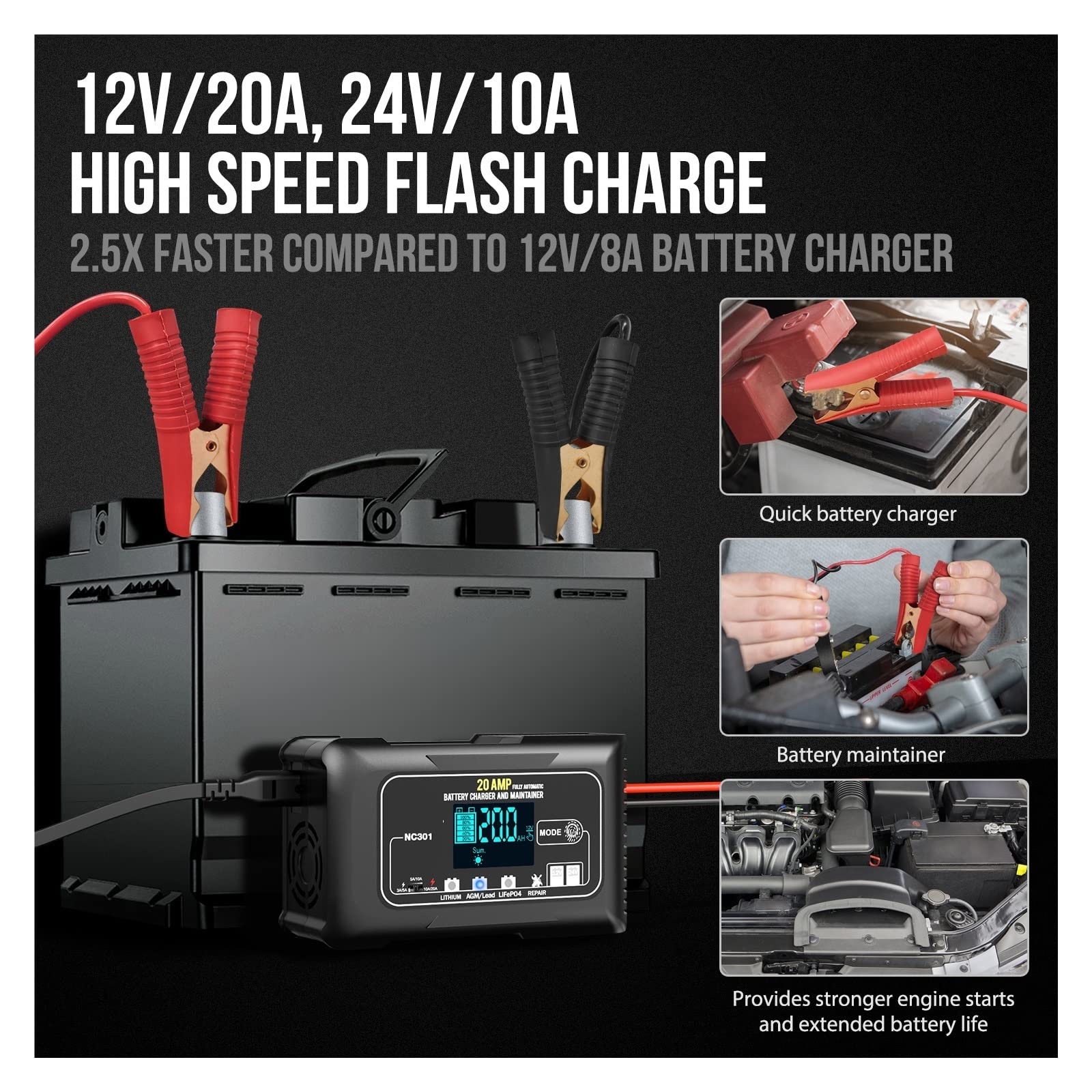Caricabatterie intelligente di mantenimento 20A Caricabatteria per auto 12V e 24V Caricabatteria intelligente completamente automatico per batterie al piombo acido al litio LiFePO4 per auto, camion,