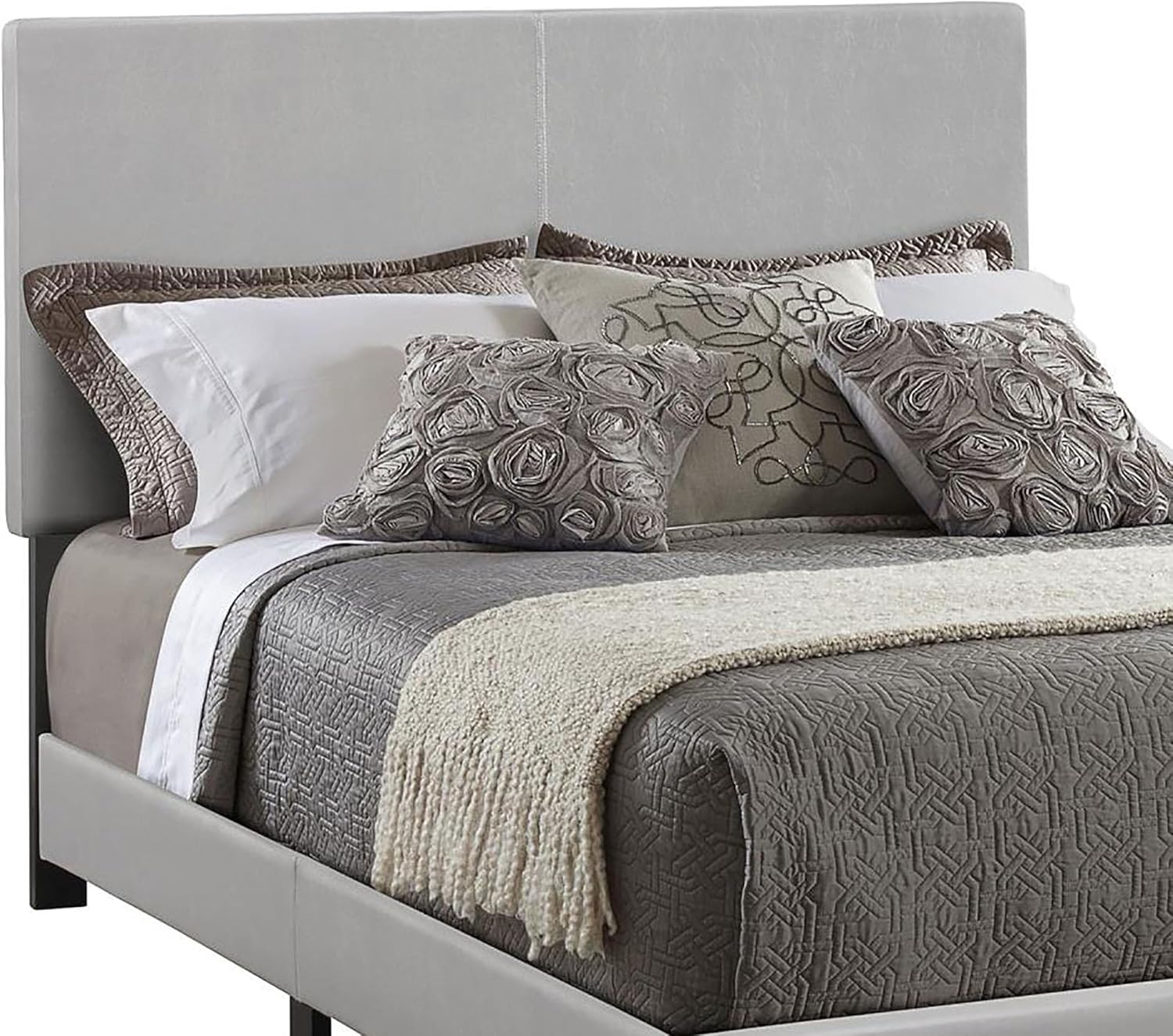 Grey Queen Panel Bed with Faux Leather Upholstery, Padded Headboard, Transitional Modern Design, Bedroom Furniture, Grey, 64.25W x 86.25D x 45.75H in