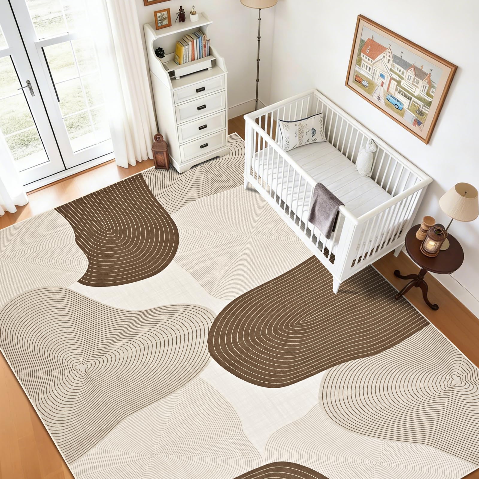 Alishomtll Tappeto per soggiorno, 160 x 230 cm, lavabile, antiscivolo, a pelo corto, linee geometriche moderne, facile da pulire, durevole, grande, rettangolare, marrone