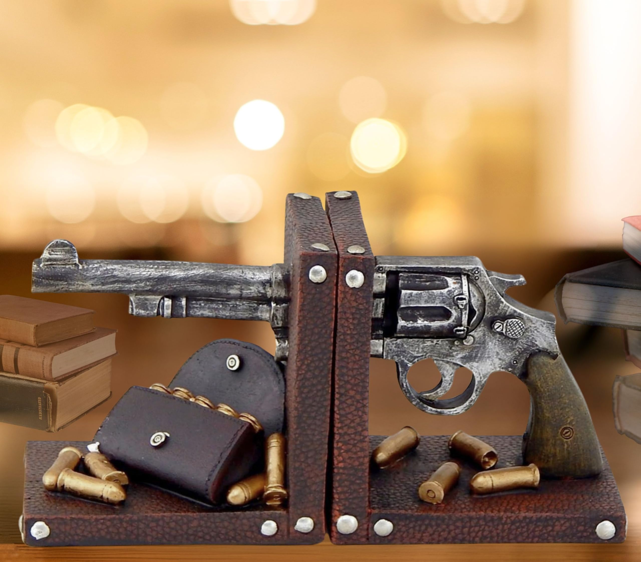 Bellaa 26317 Pistol Bookends Gun Revolver Bullets Rustic Western Cowboy Mans Cave 6 Inch Tall