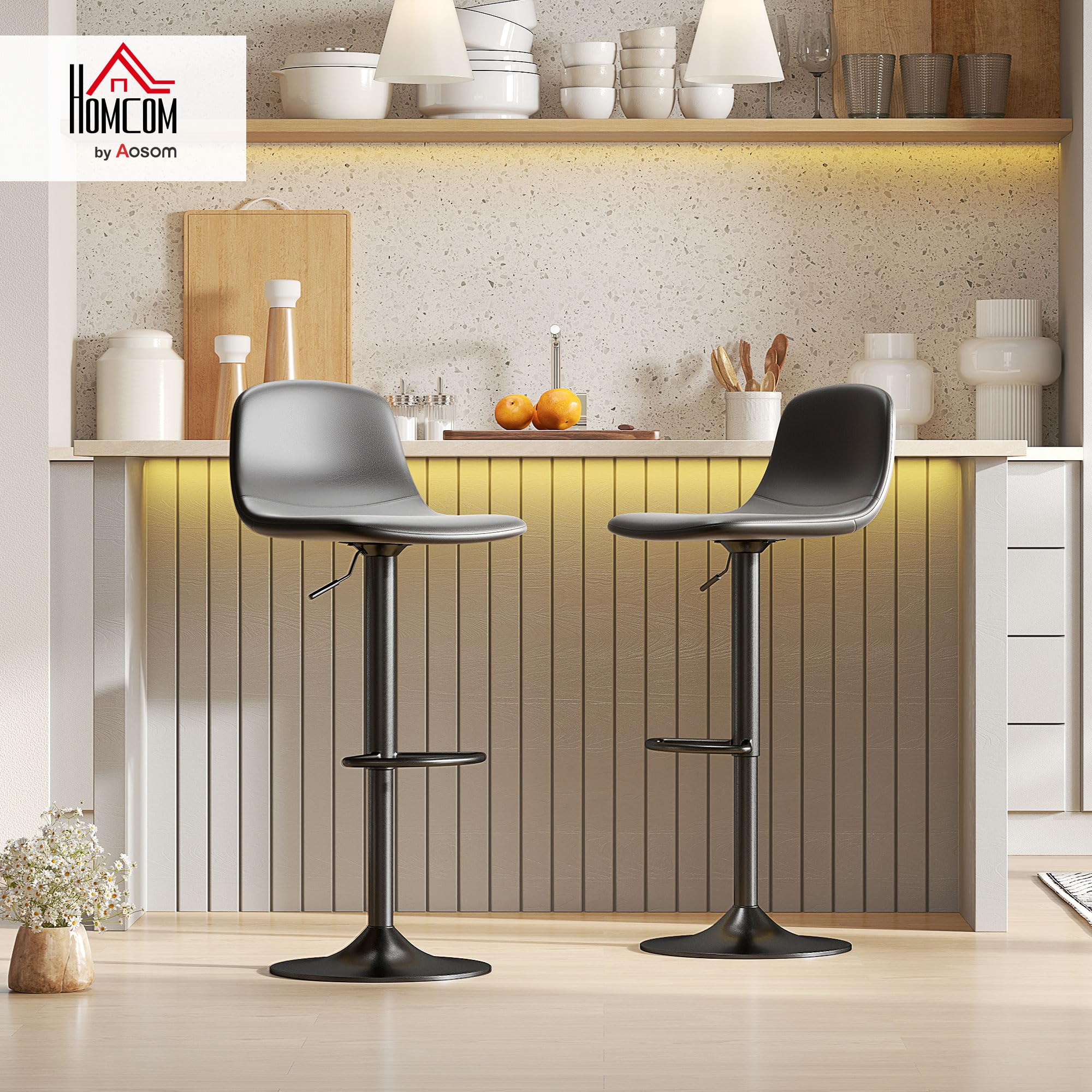 HOMCOM Juego de 2 Taburetes de Bar Taburetes Altos de Cocina Regulable en Altura 84-104 cm con Respaldo y Reposapiés Tapizado en PU Giratorio en 360° para Comedor Mostrador Negro