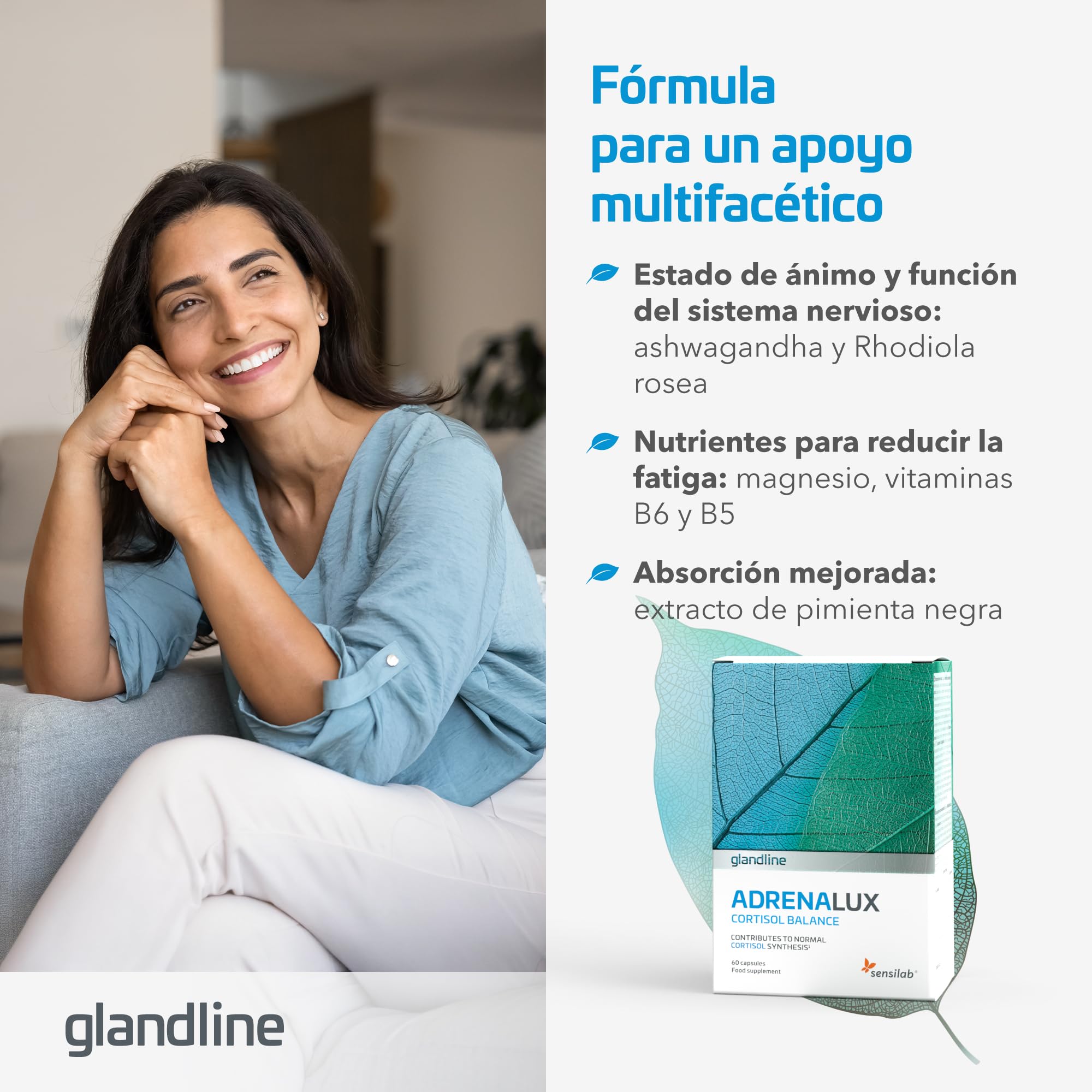 Sensilab AdrenaLux con Ashwagandha. Cortisol, Antiestres. 120 Cápsulas | Ashwagandha KSM-66, magnesio, vitamina B6 y rhodiola para cortisol, antiestres, bienestar y concentración. Para 60 días