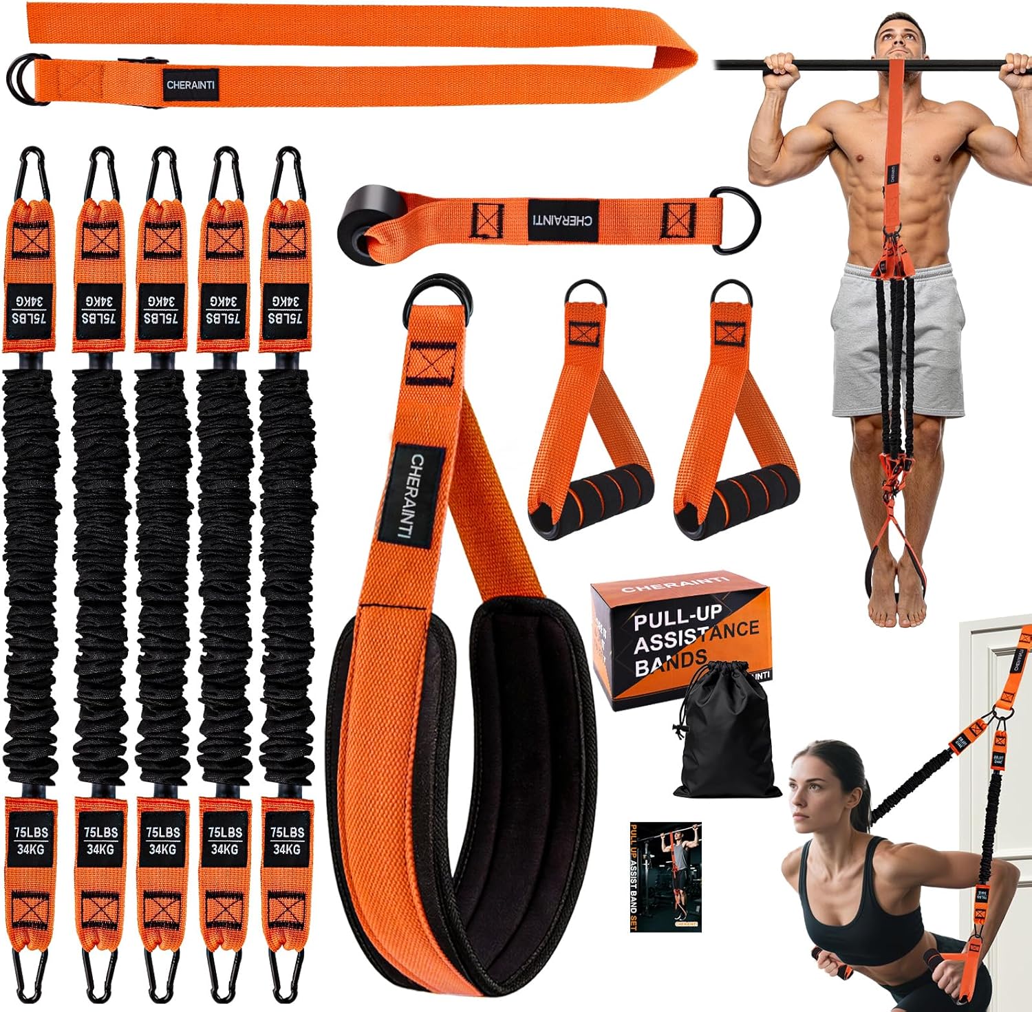 CHERAINTI Pull Up Assistance Bands, 375lbs Heavy Duty Pullup Assist Band Set with 5 Resistance Bands, Adjustable Strap, Comfortable Foot/Knee Rest, Handles & Door Anchor for Home Gym Strength Training