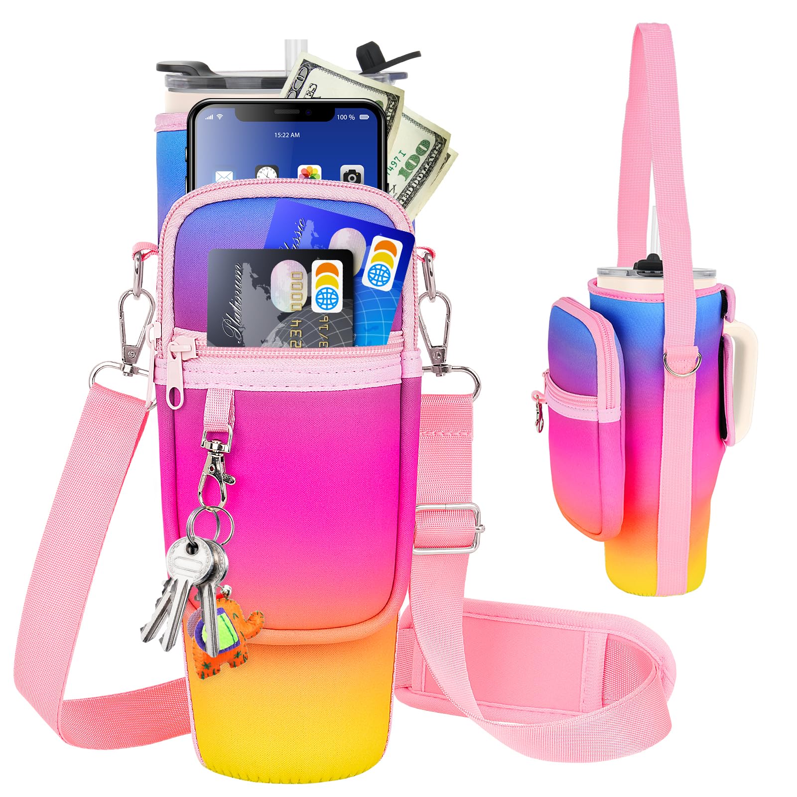 LEFOR·Z Water Bottle Carrier Bag with Phone Pocket Compatible with Stanley/Meoky 40 oz Tumbler with Handle,Water Bottle Holder Pouch with Adjustable