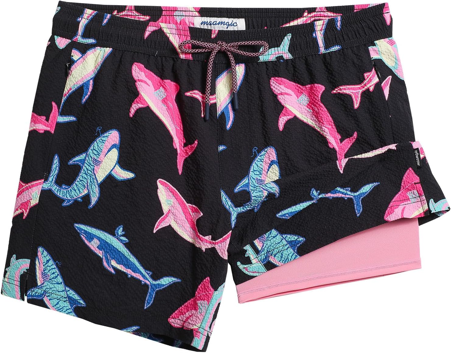 maamgic Men’s Swim Trunks 5.5 inch Seersucker 2 in 1 Beach Shorts Quick Dry Bathing Suits with Compression Liner