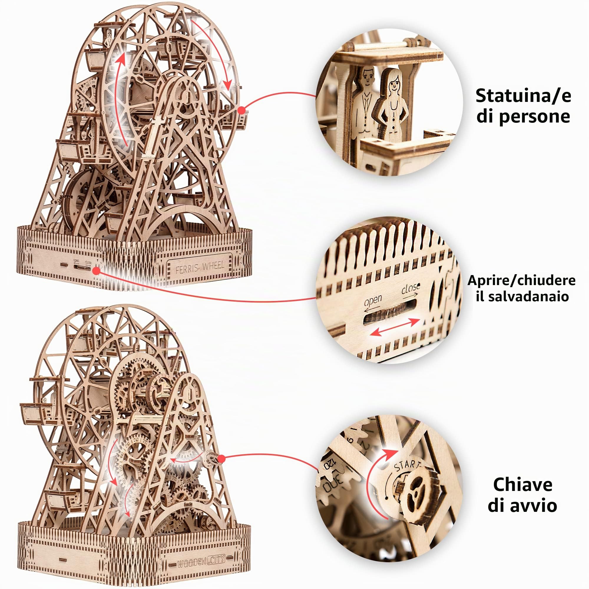 Wooden.City Kit di modelli meccanici in legno per costruire - Ruota panoramica - Meccanismo aperto - Compleanno per adolescenti e adulti - Puzzle 3D fai da te - Taglio laser - 220 mm x 260 mm x 322 mm