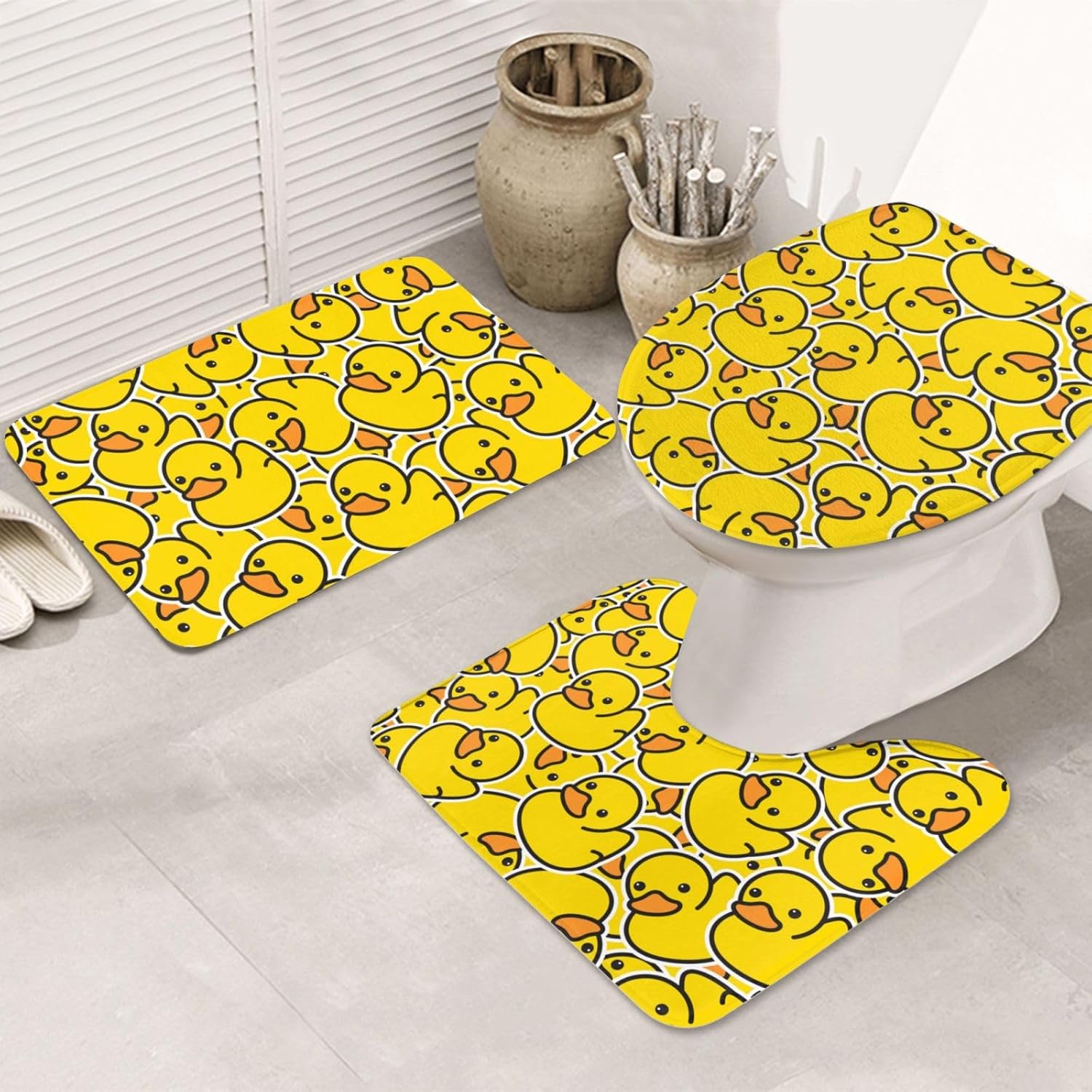 Cute Rubber Ducks 3 Piece Bathroom Rugs Set, Bath Mat + Contour Mat + Toilet Seat Cover, Non-Slip Soft Microfiber Yellow Cartoon Ducky Bathmat for Tub Shower Room Decor, Machine Washable