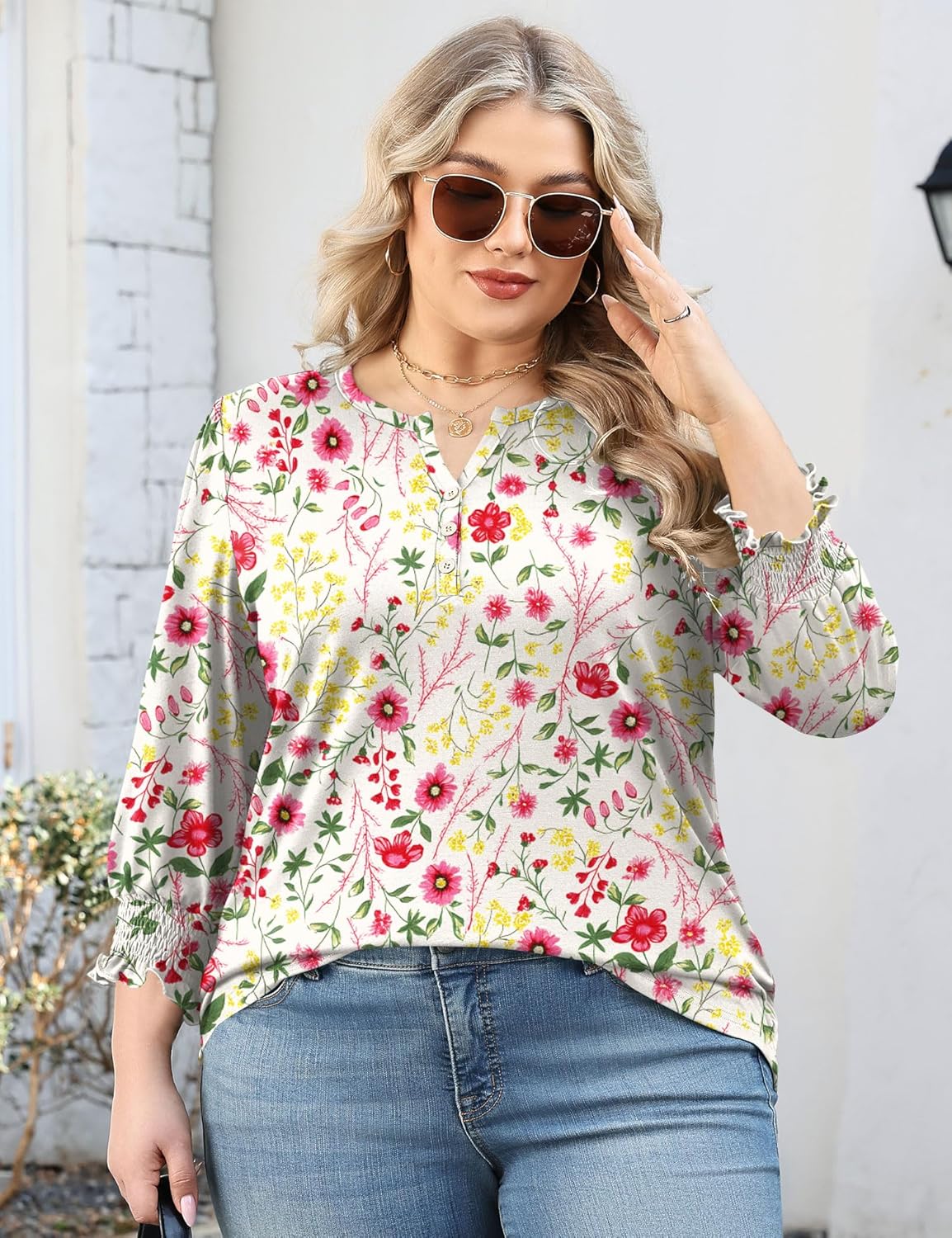 LOMON Womens Plus Size Tops 3/4 Length Sleeve Womens Tops Casual V Neck Loose Fit Blouses 1X-5X - Image 5