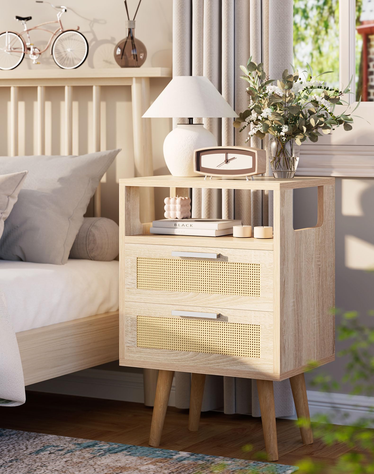 YMYNY Mesita de Noche de Ratán, Mesa Auxiliar, Mesa de café, Mesilla de Noche con 2 Cajónes, Comoda Boho, Piernas de Madera Maciza, 39x29x59 cm, para Dormitorio, Oficina, Salón, Natural HST015N