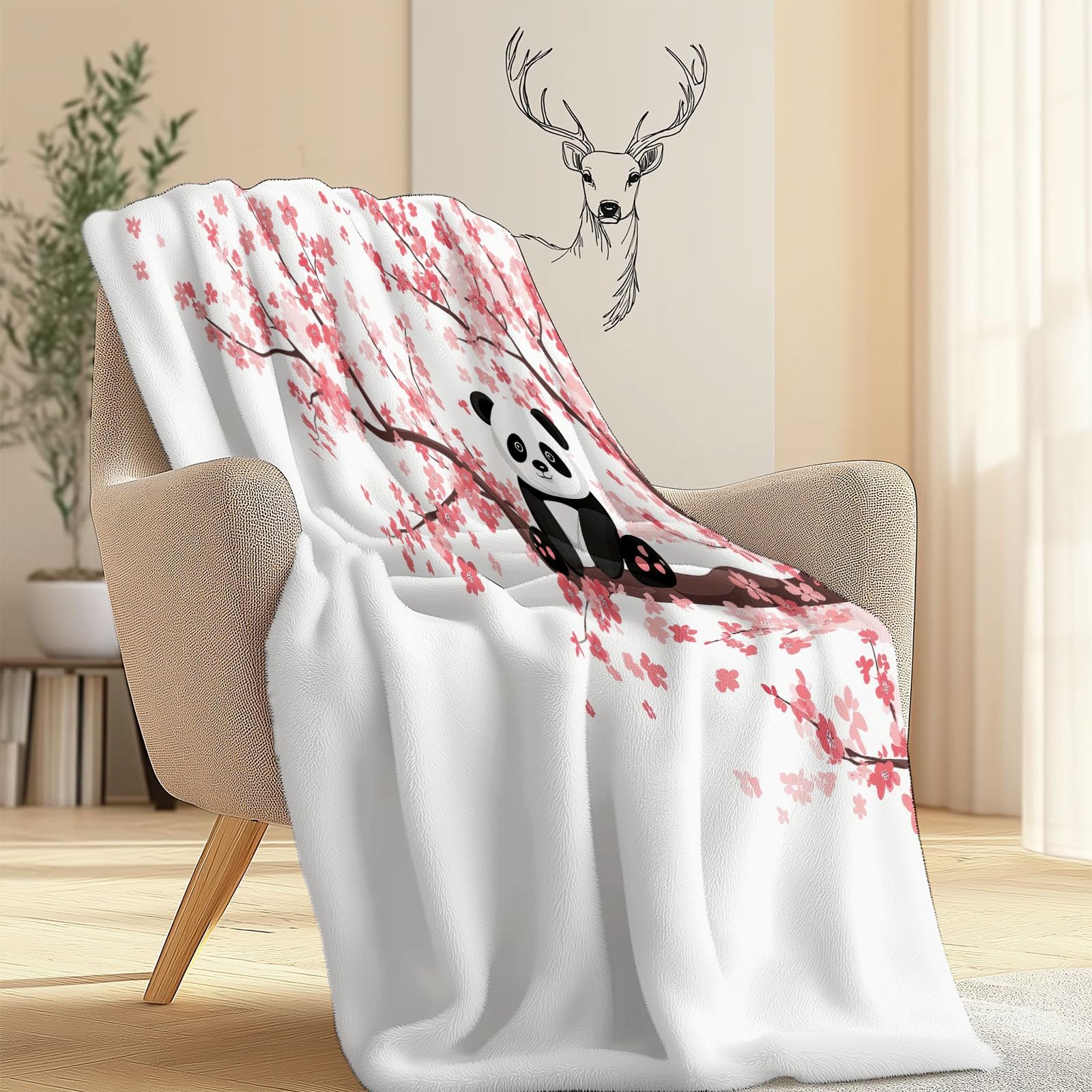 Bianco Coperta in Pile di Flanella 200 x 220 cm – Minimalista Panda Fiori Morbida e Accogliente, Plaid Stampato per Divano Letto o Viaggio