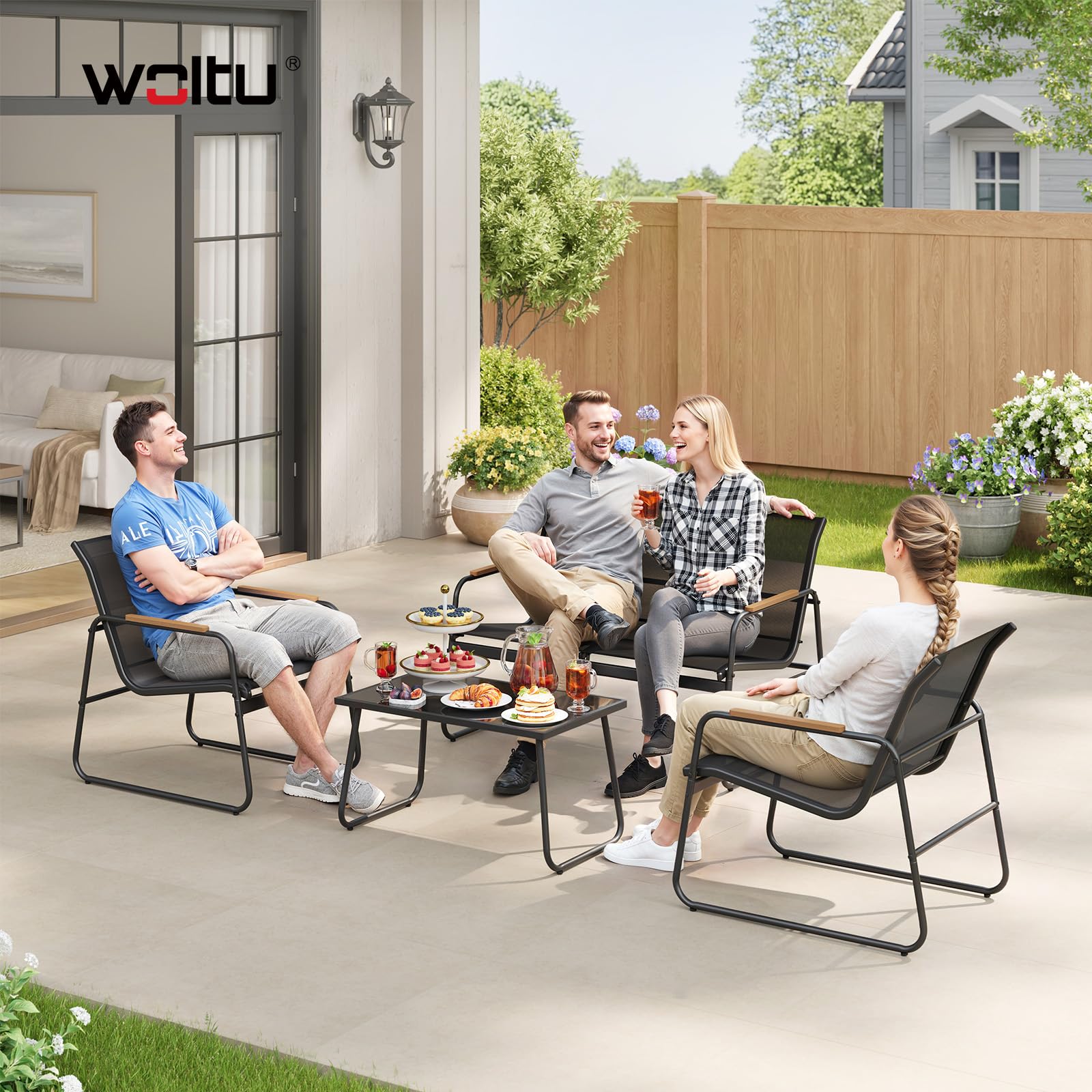 WOLTU Muebles Jardín de 4 Piezas, 1 Mesa 2 Sillas Terraza y 1 Sofá, Conjunto Jardín Exterior Resistente a Intemperie, Estructura Metal Resistente, Tela Transpirable, para Balcón Patio Terraza, Negro