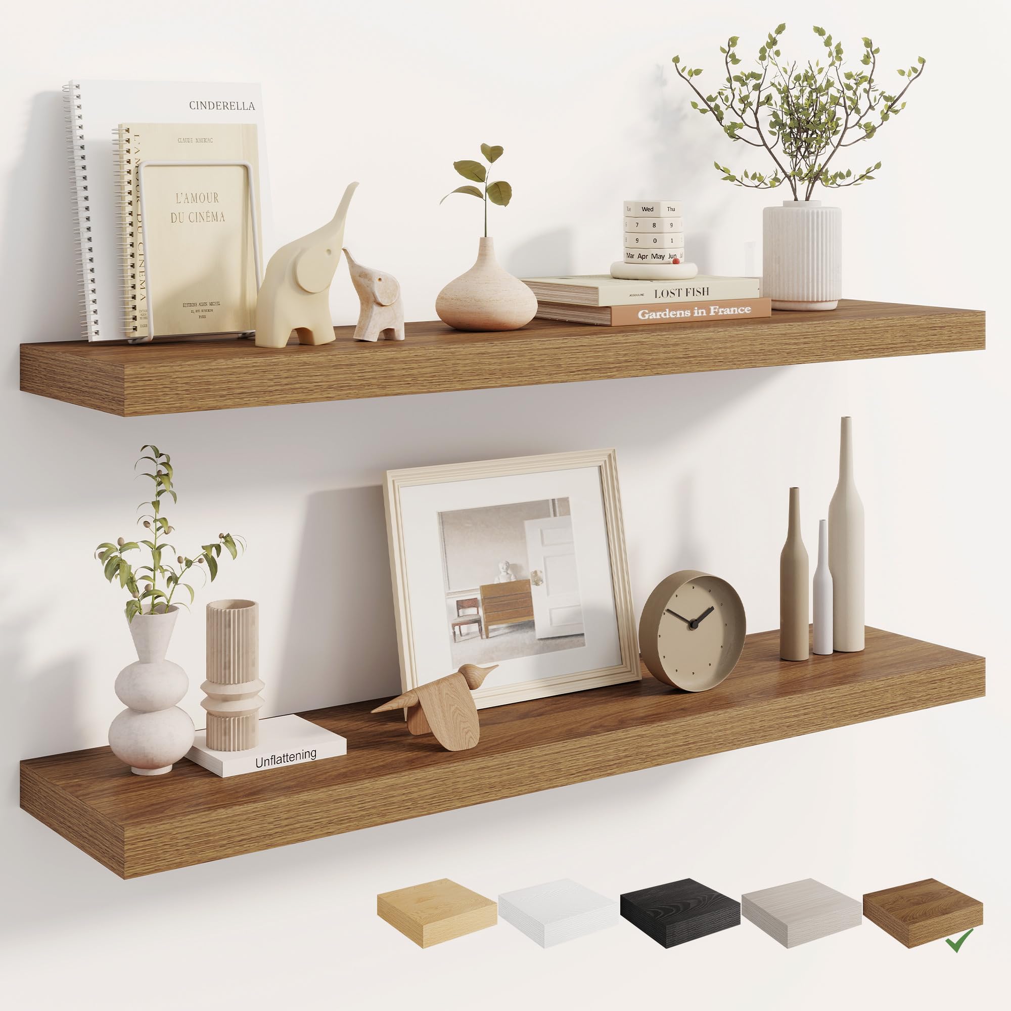Walnut Floating Wall Shelves, 40 Inch, Set of 2