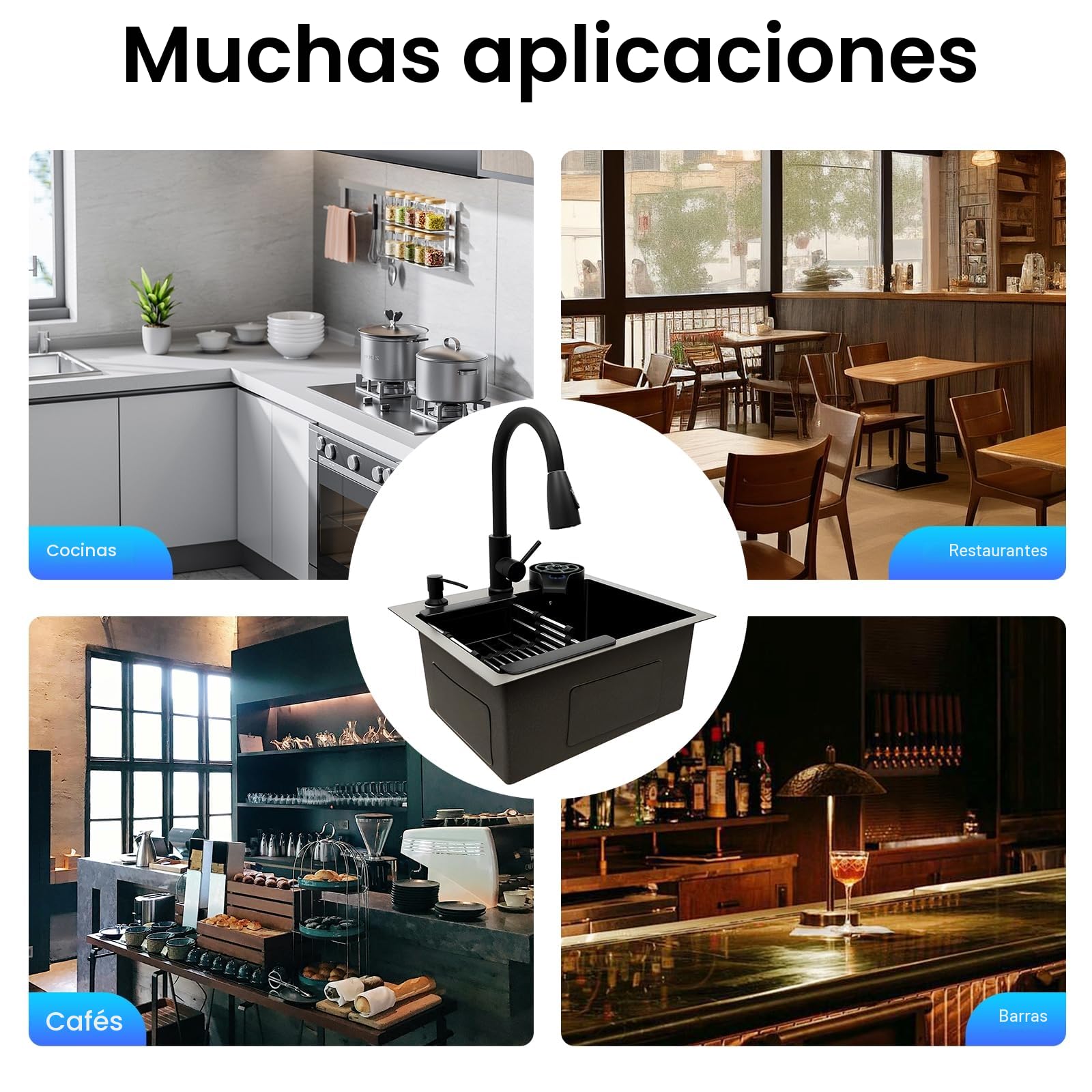 Fregadero de cocina negro con grifo extraíble y juego 4 en 1 – Fregadero de acero inoxidable incl. limpiador de tazas, cesta escurridora y dispensador de jabón para una cocina eficiente y moderna