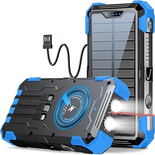 Cargador solar, cargador portátil inalámbrico de 42,800 mAh con entrada USB-C, carga rápida QC3.0 de 15 W, 4 puertos para exteriores, linterna LED