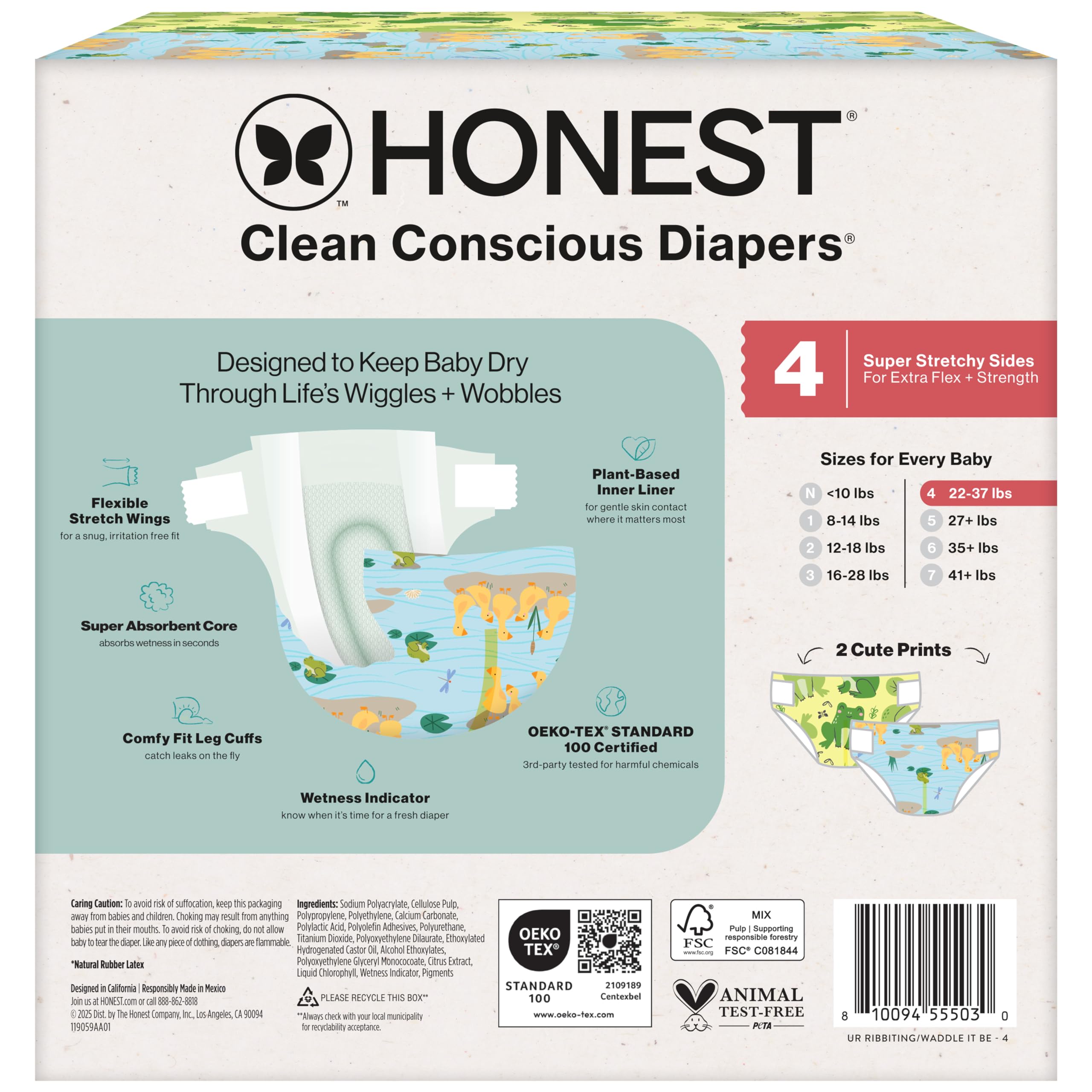 The Honest Company Clean Conscious Diapers®, protezione fino al 100% contro le perdite, progettate per proteggere la pelle delicata, ipoallergenica + senza profumo, nervature UR + Waddle It Be