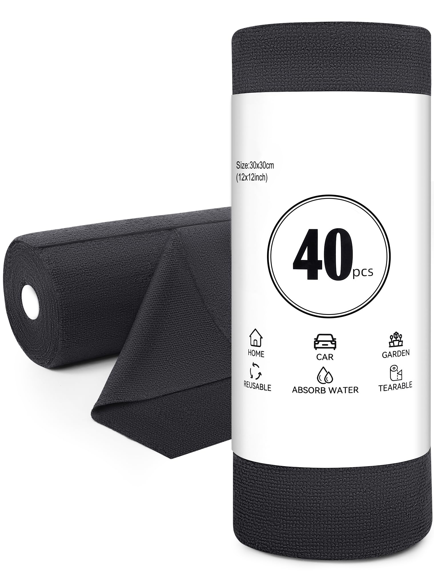 Microfiber Cloth Rolls 40 Units, 30x30cm Reusable Microfiber Cloths, Microfiber Cloth Rolls for Home and Kitchen Cleaning, Removable Cloths, Grey