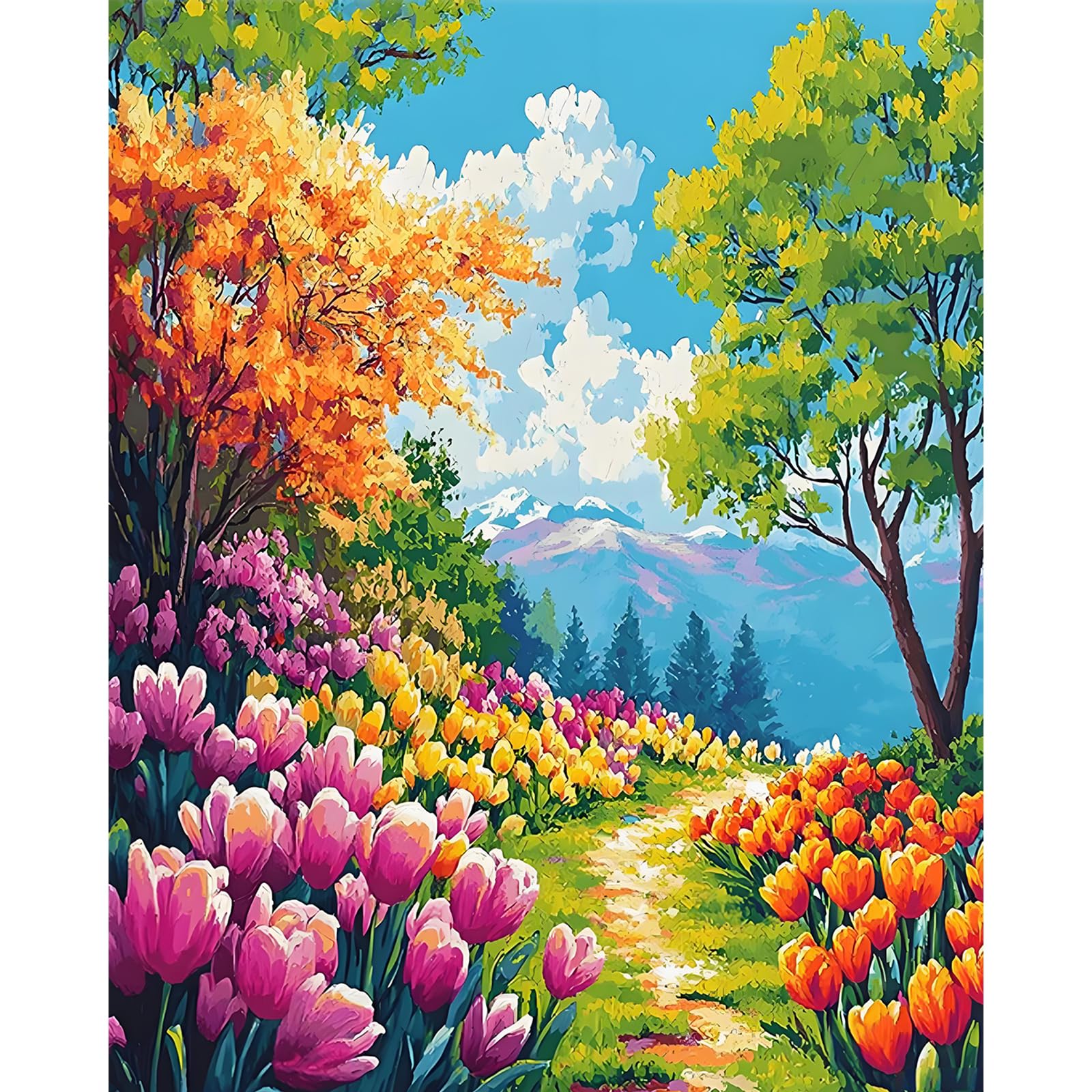 Cytheron Paint by Numbers for Adults, Tulip Garden Mountain Landscape DIY Acrylic Painting Kit, Colourful Floral Canvas Artwork for Beginners, Nature Home Wall Decor Gift, 16 x 20 Inch