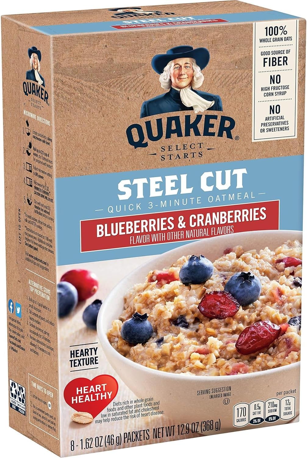 Quaker, Instant Steel Cut Oatmeal, Cranberries And Blueberries, 8 Ct