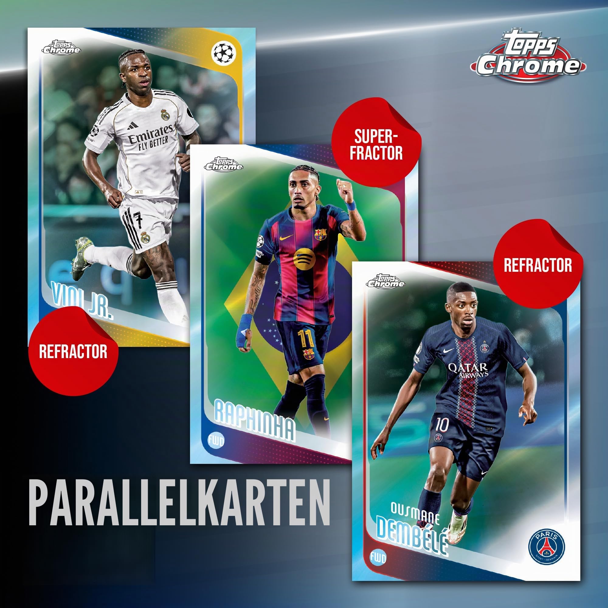 2025-26 Topps Chrome UEFA Club-Wettbewerbe Fußball – Fabrikversiegelt – Mega-Box