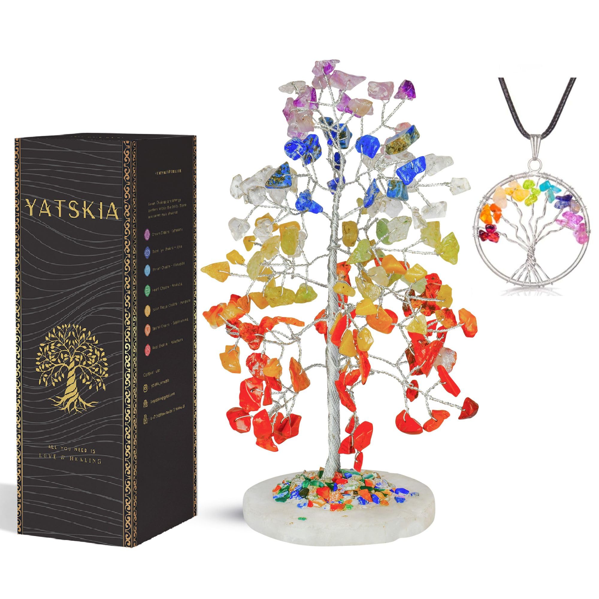 Chakra Tree of Life - Wrapped On Natural Geode Agate Slice Base, w/ Tree of Life Necklace - Chakra Decor, Crystals and Healing Stones, Feng Shui Tree, Seven Chakra Tree, 7 Chakra Tree, Bonsai Tree