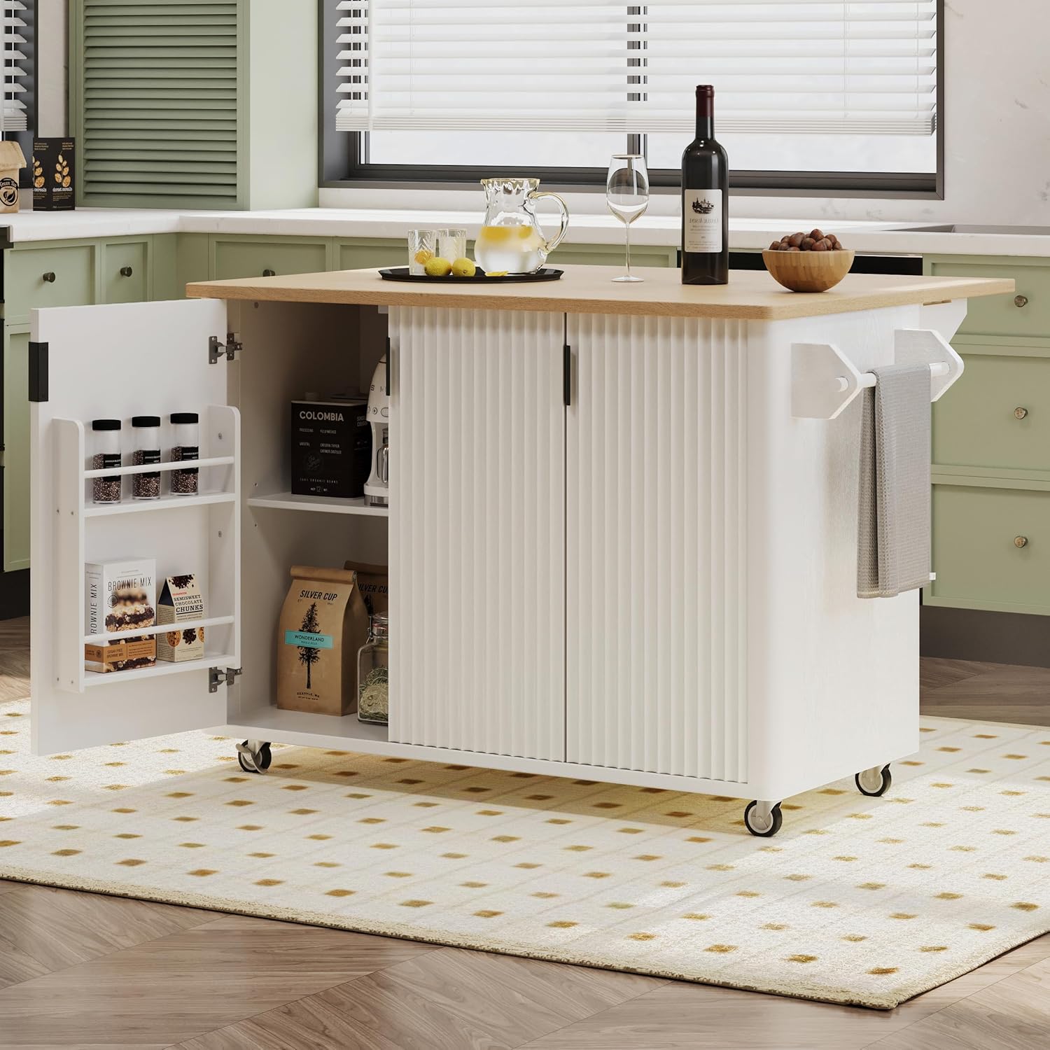 Kitchen Island, Farmhouse Accent Kitchen Island on Wheels with Internal Storage Rack, Rolling Kitchen Cart with Towel Rack for Kitchen, Dining Room, White (White+MDF+Ash Veneer+Solid Pine Wood Feet)