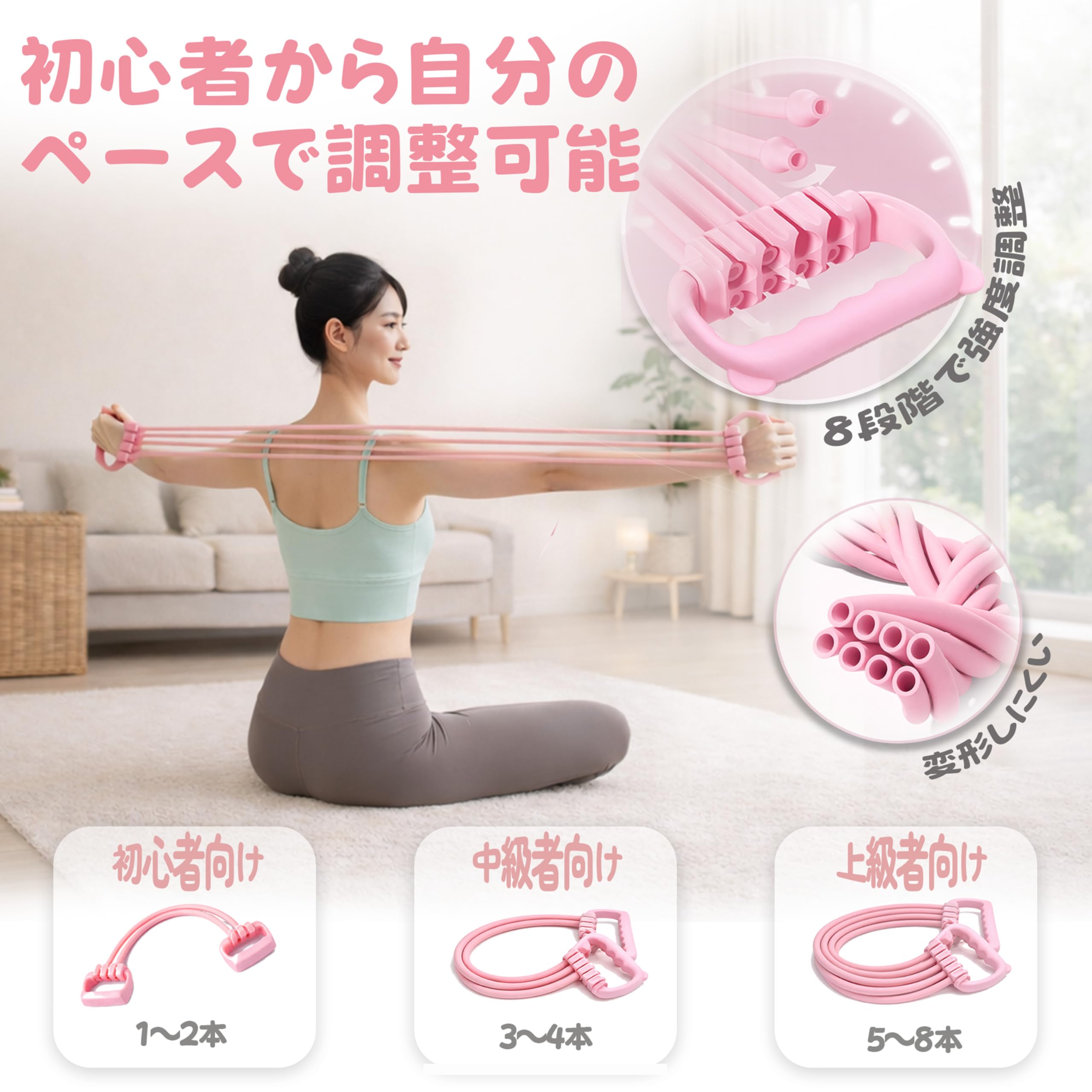 ストレッチチューブ エクササイズバンド 強度調整可能 トレーニングチューブ 全身トレーニング 肩甲骨ストレッチ 筋トレチューブ ながら運動 自宅トレーニング ダイエット 姿勢矯正 滑り止め ペダル付き - 2