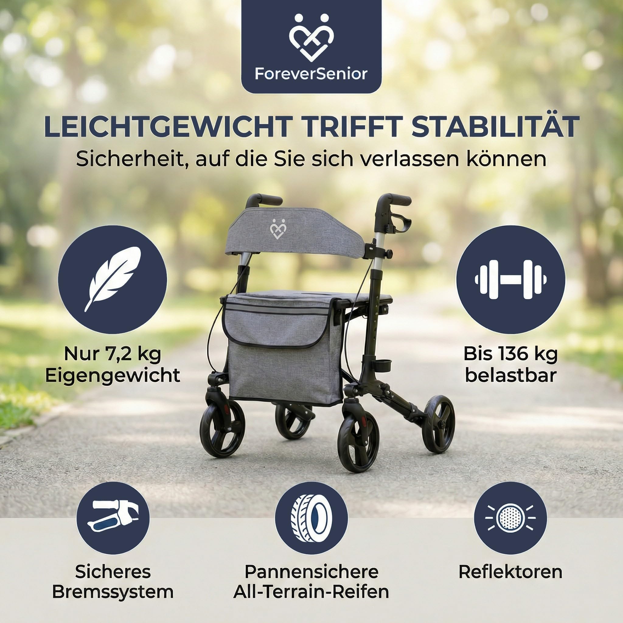 Rollator - 3-fach faltbar und leicht mit Sitz und All Gelände Reifen, schmaler 7,2kg Reiserollator zum Klappen für Senioren